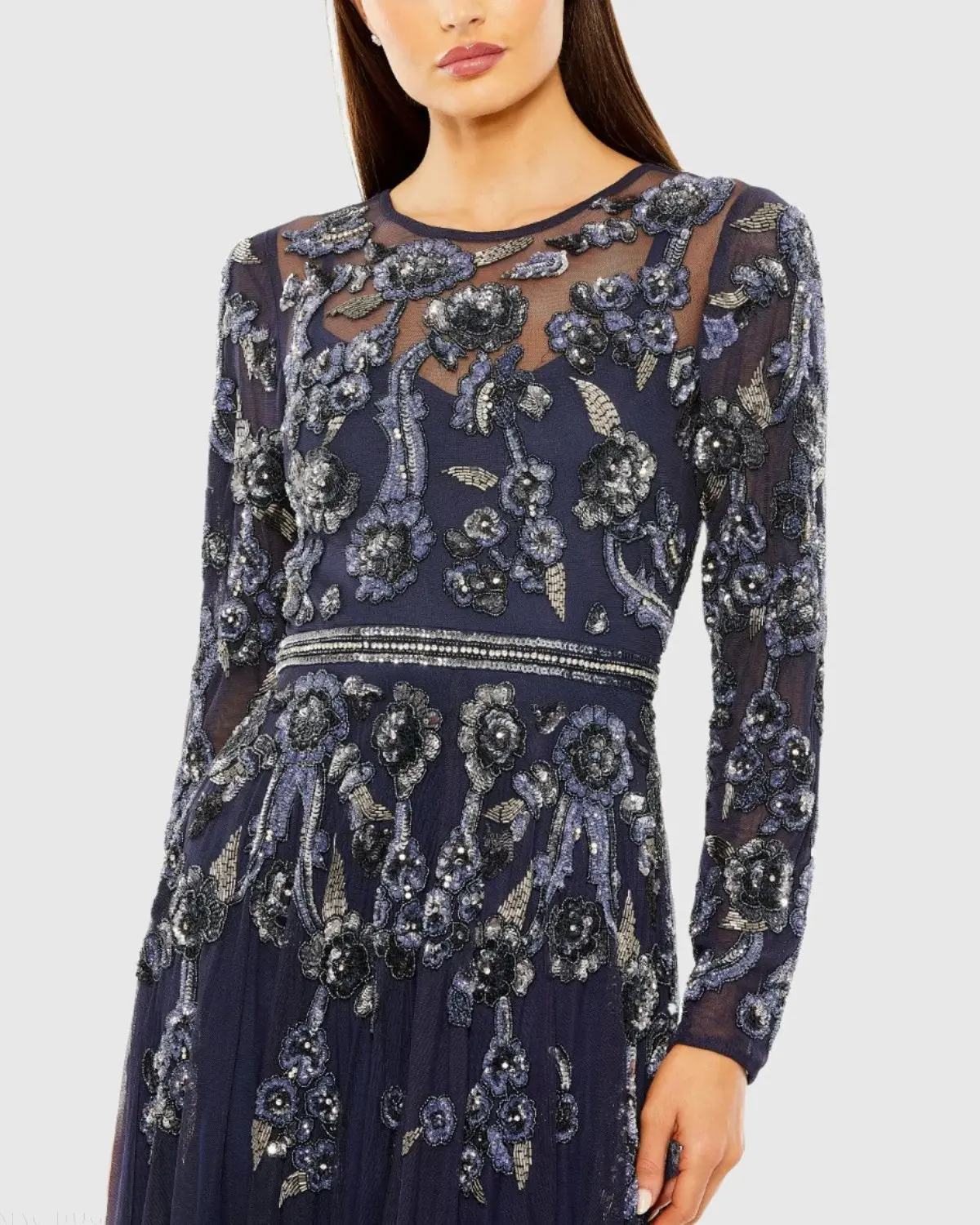 Navy Long Sleeve High Neck Floral Beaded A-line Mesh Gown - FINAL SALE - Image 2