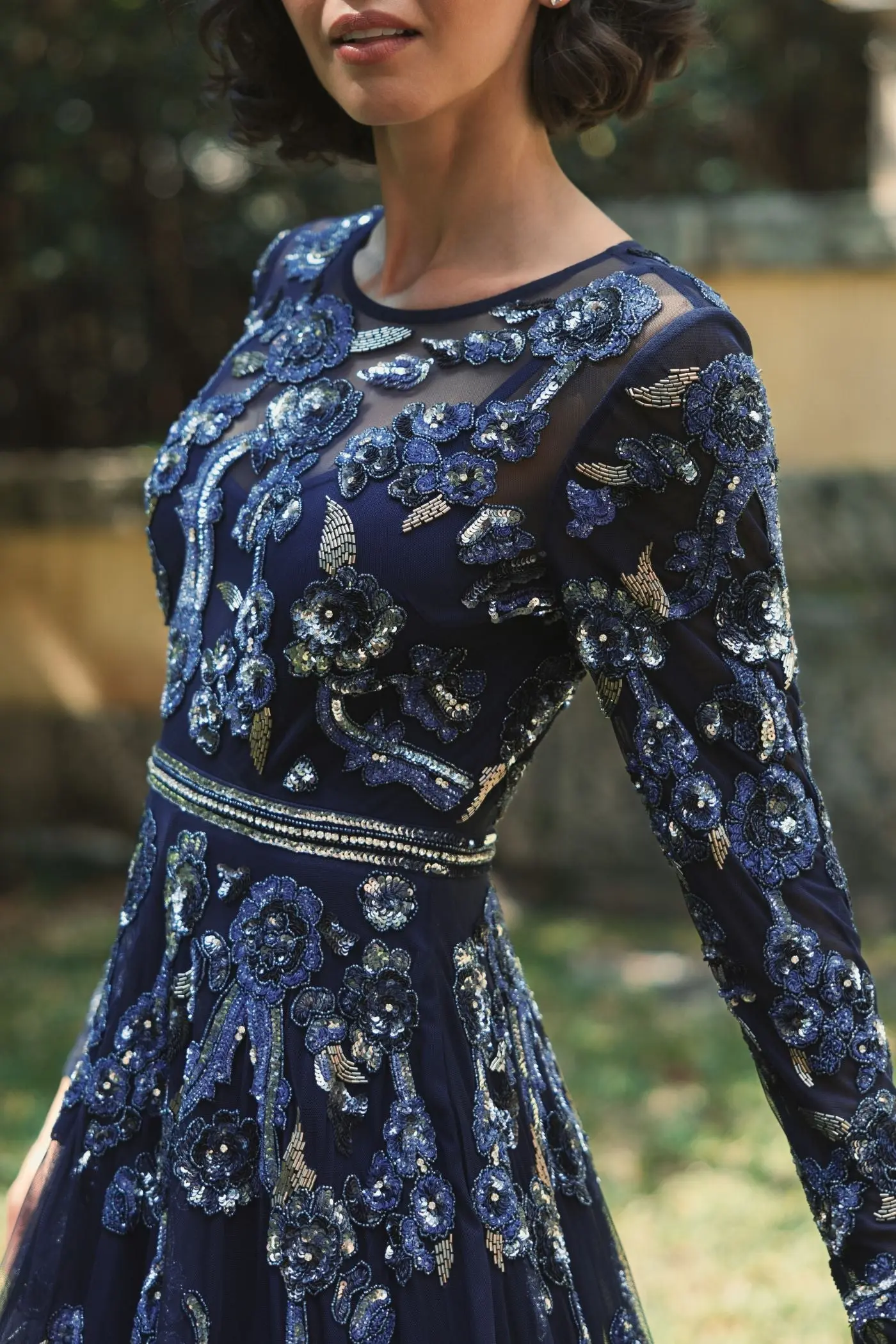 Navy Long Sleeve High Neck Floral Beaded A-line Mesh Gown - FINAL SALE - Image 4