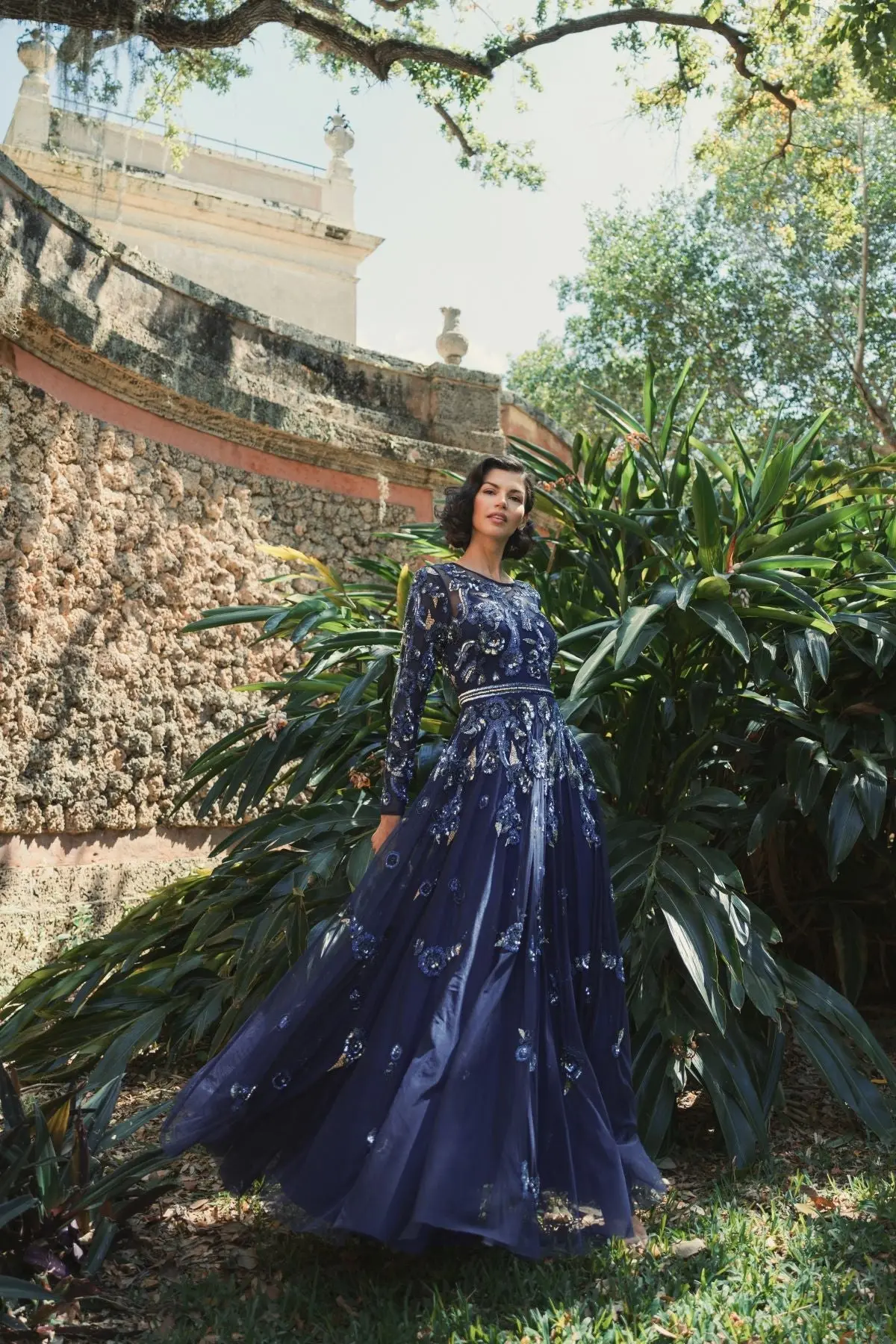 Navy Long Sleeve High Neck Floral Beaded A-line Mesh Gown - FINAL SALE - Image 5