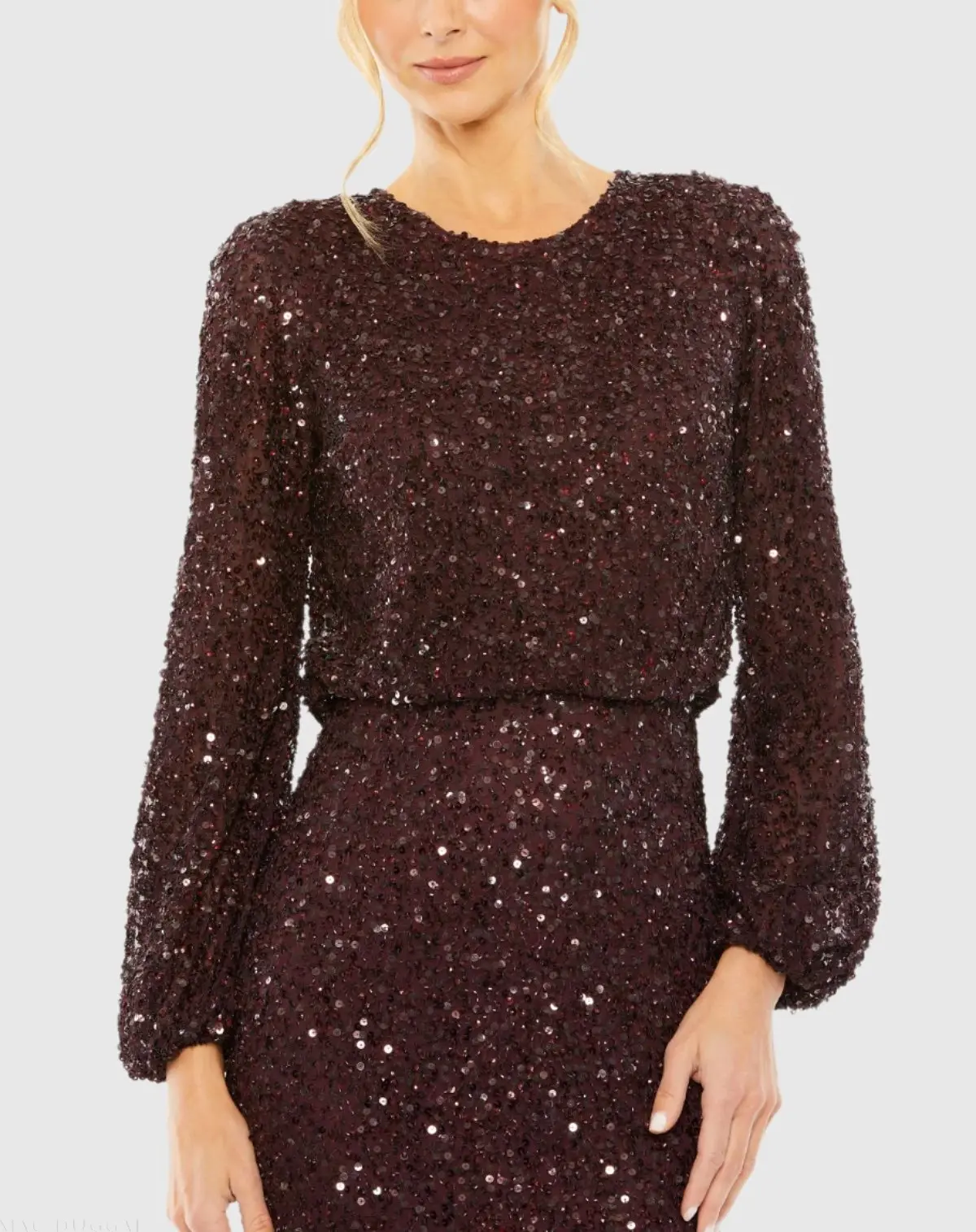 Red High Neck Long Sleeve Beaded Blouson Gown - Image 2
