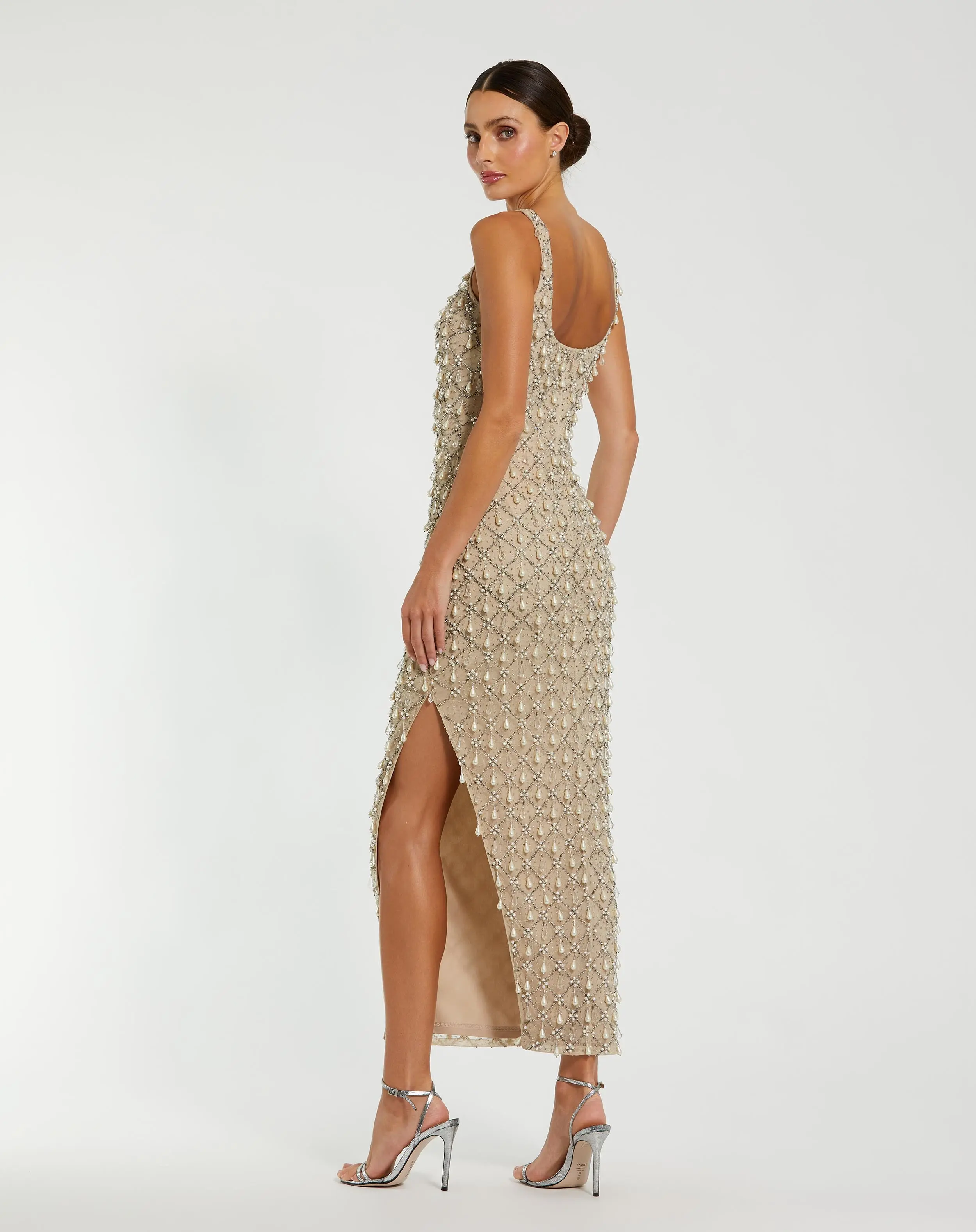 Beige Pearl Embellished Scoop Neck Midi Dress - Image 3