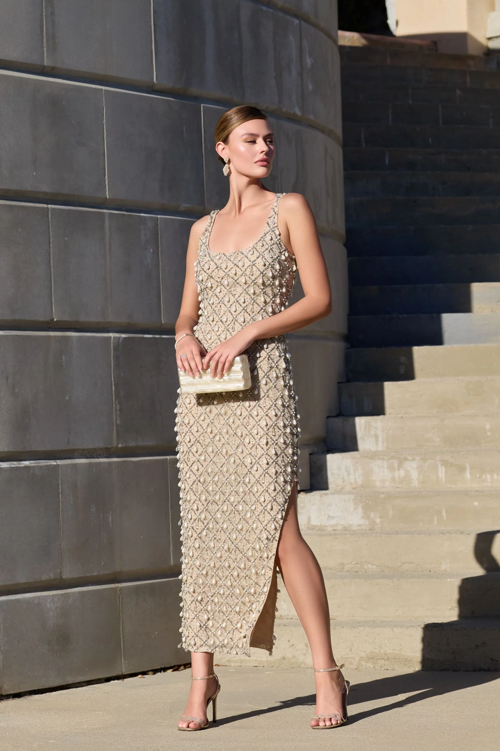 Beige Pearl Embellished Scoop Neck Midi Dress - Image 4