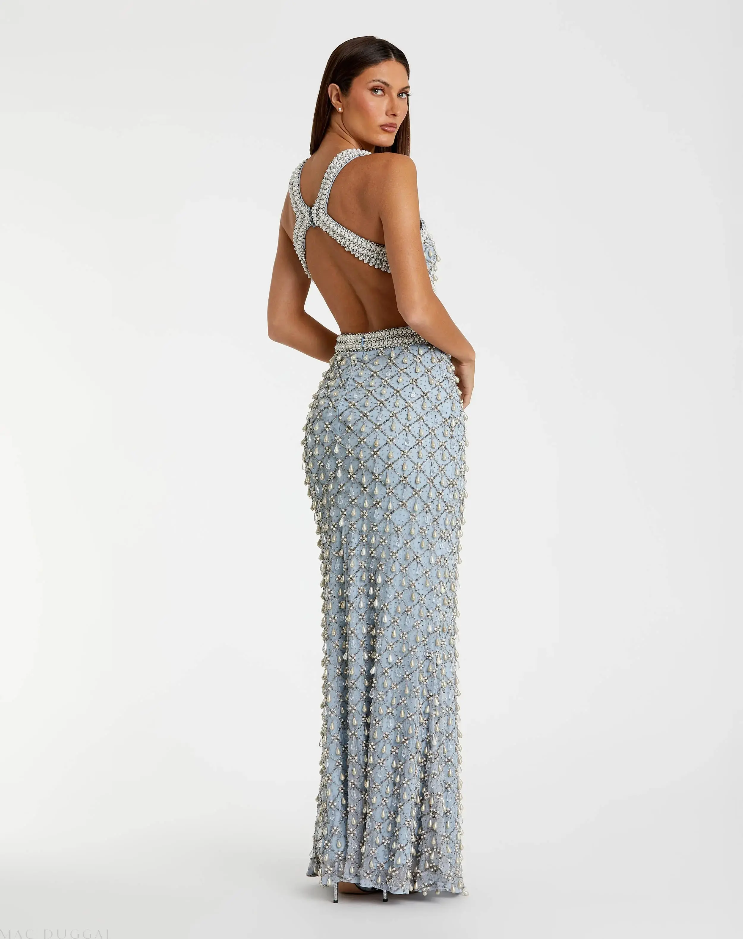Blue Pearl Embellished Open Back Gown - Image 2