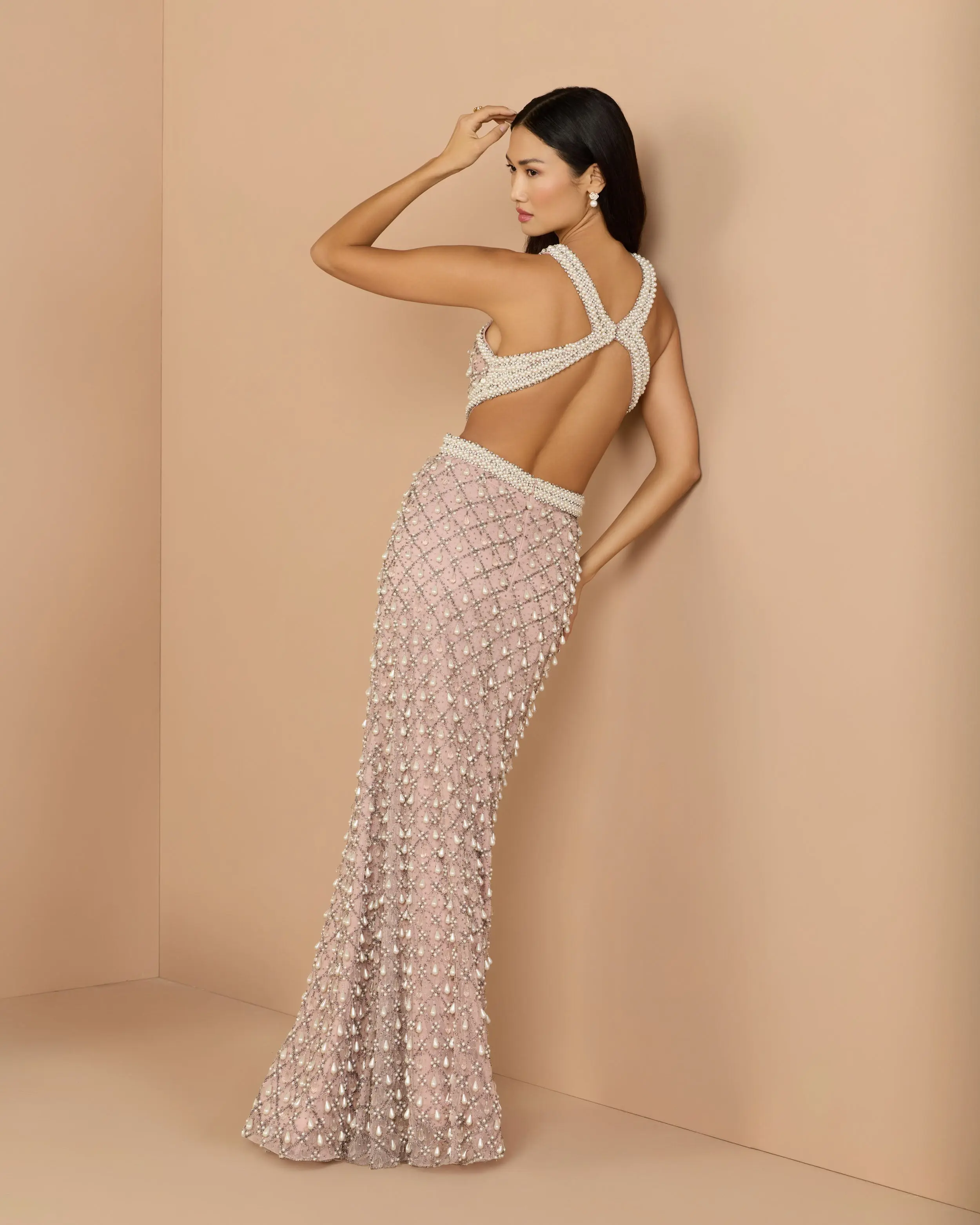 Pink Pearl Embellished Open Back Gown - Image 3