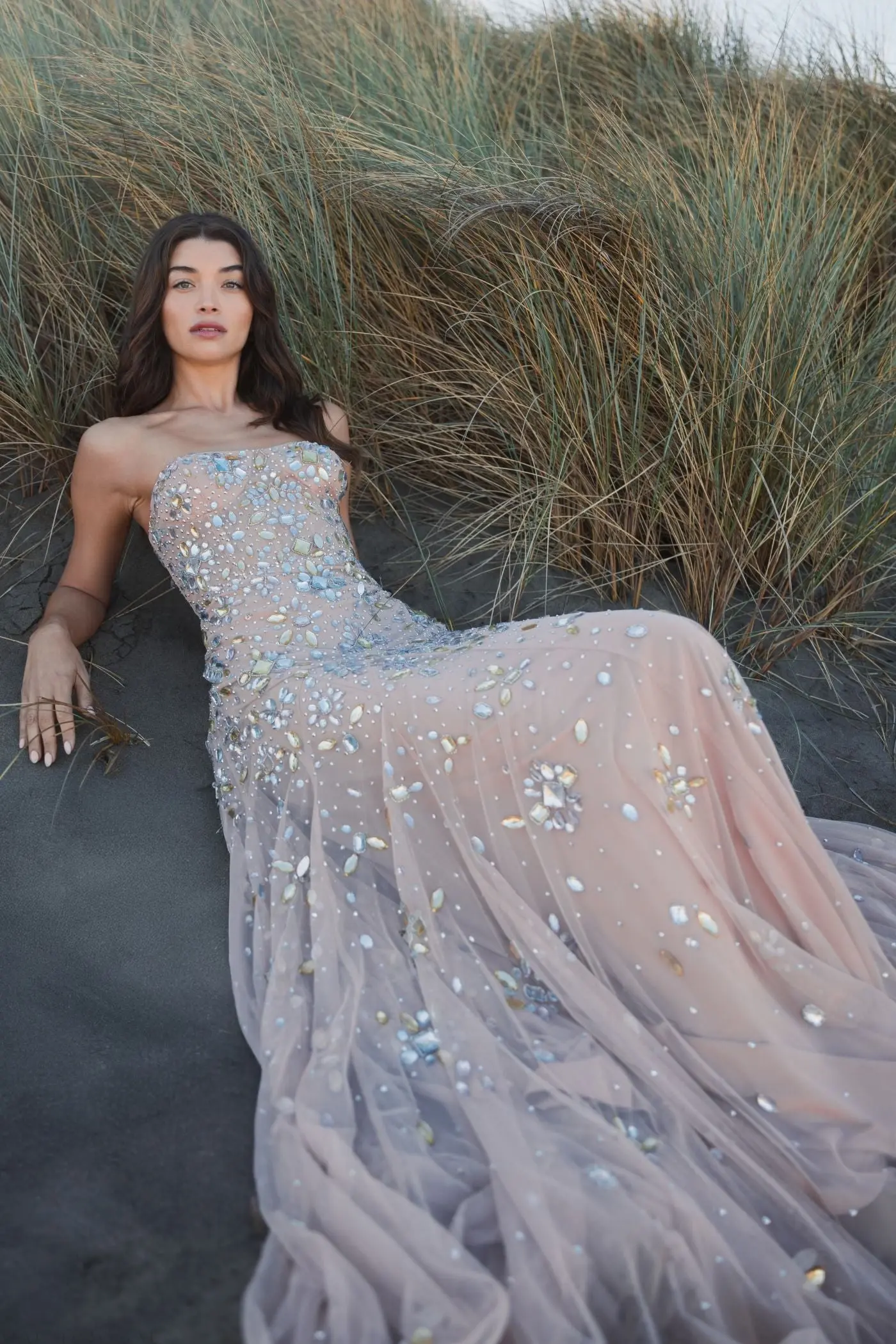 Pink Strapless Sweetheart Embellished Net Gown - Image 6