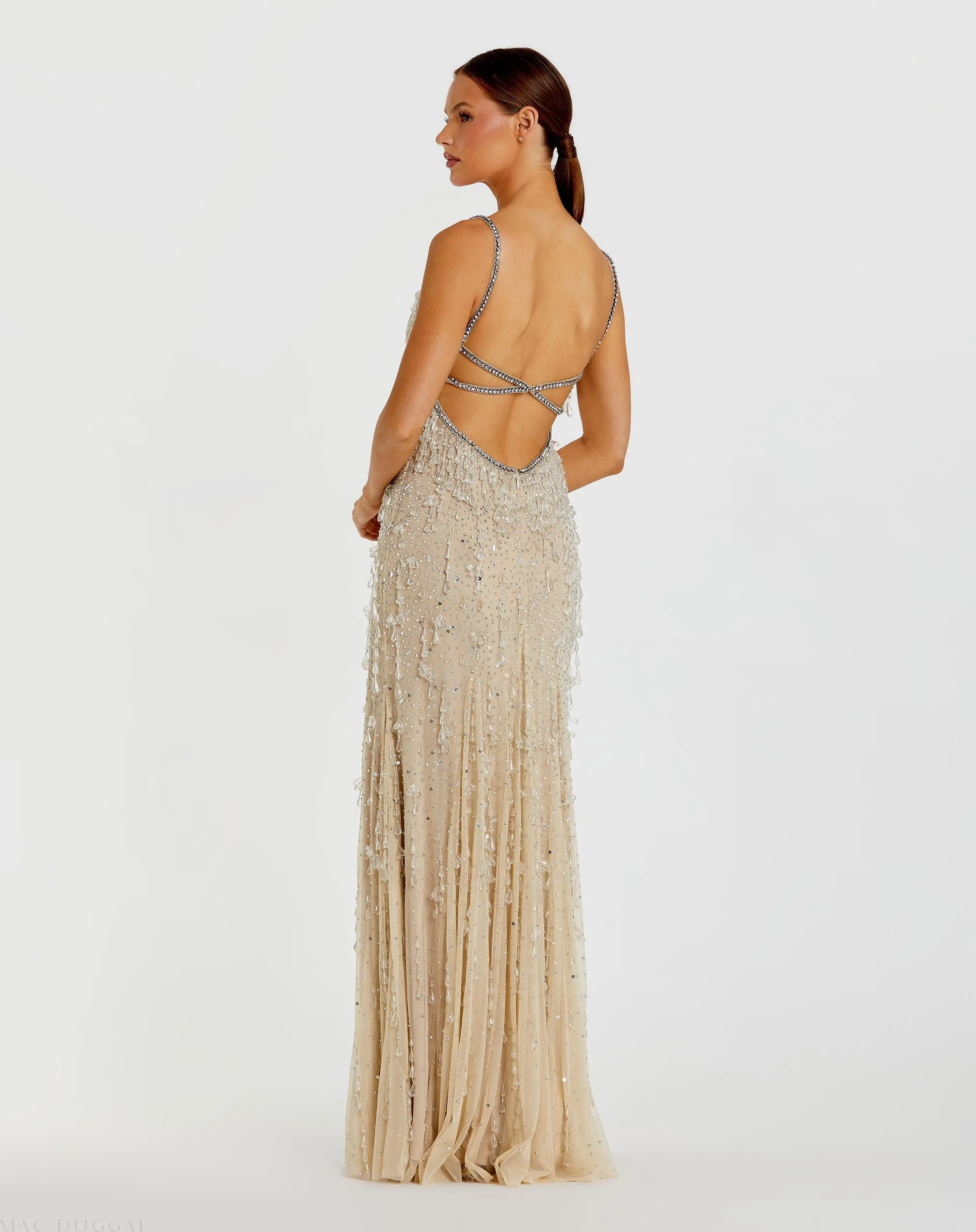 Beige V-Neck Column Gown with Fringe Embellishments - Image 2