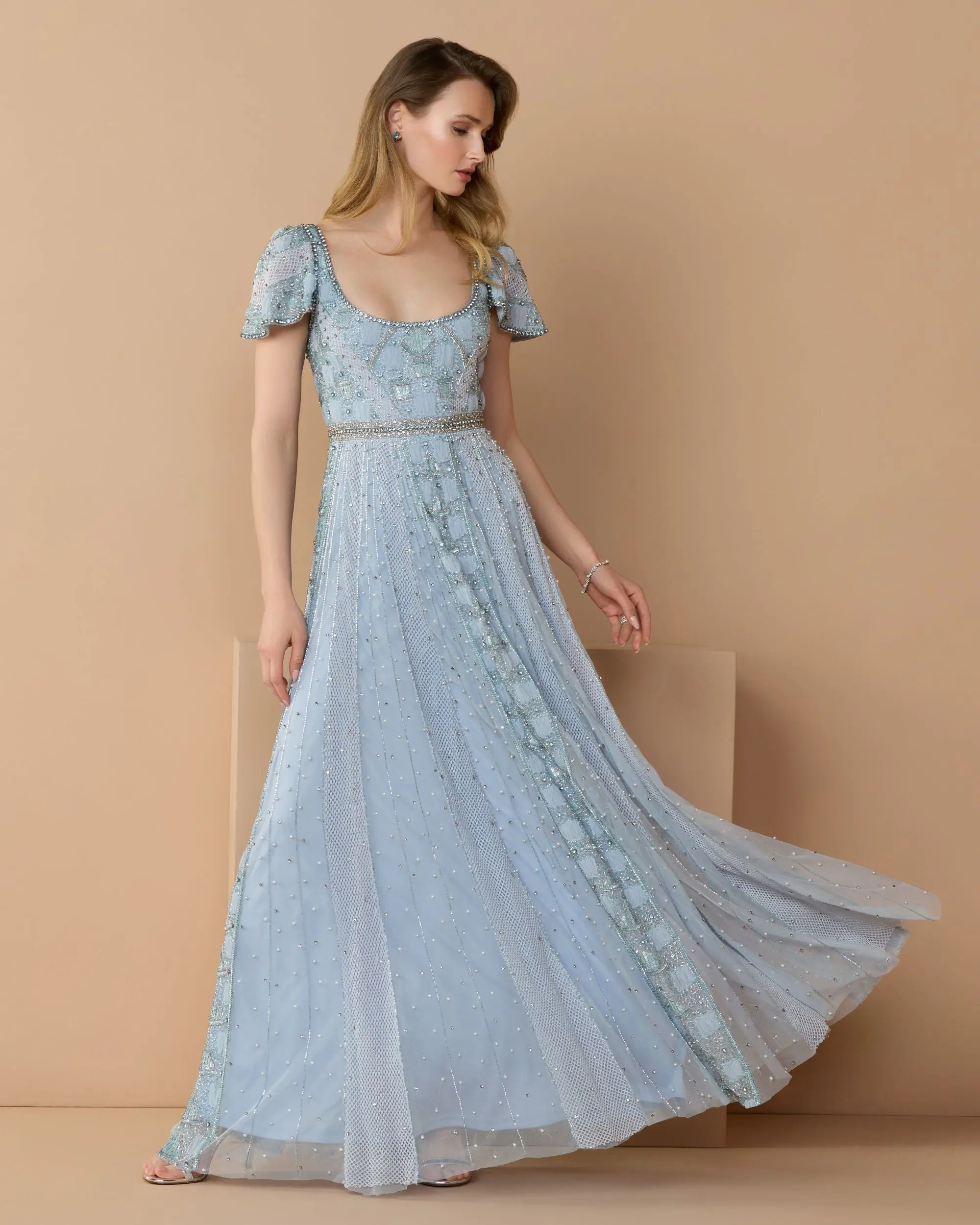 Blue Short Sleeve Scoop Neck Embellished Gown