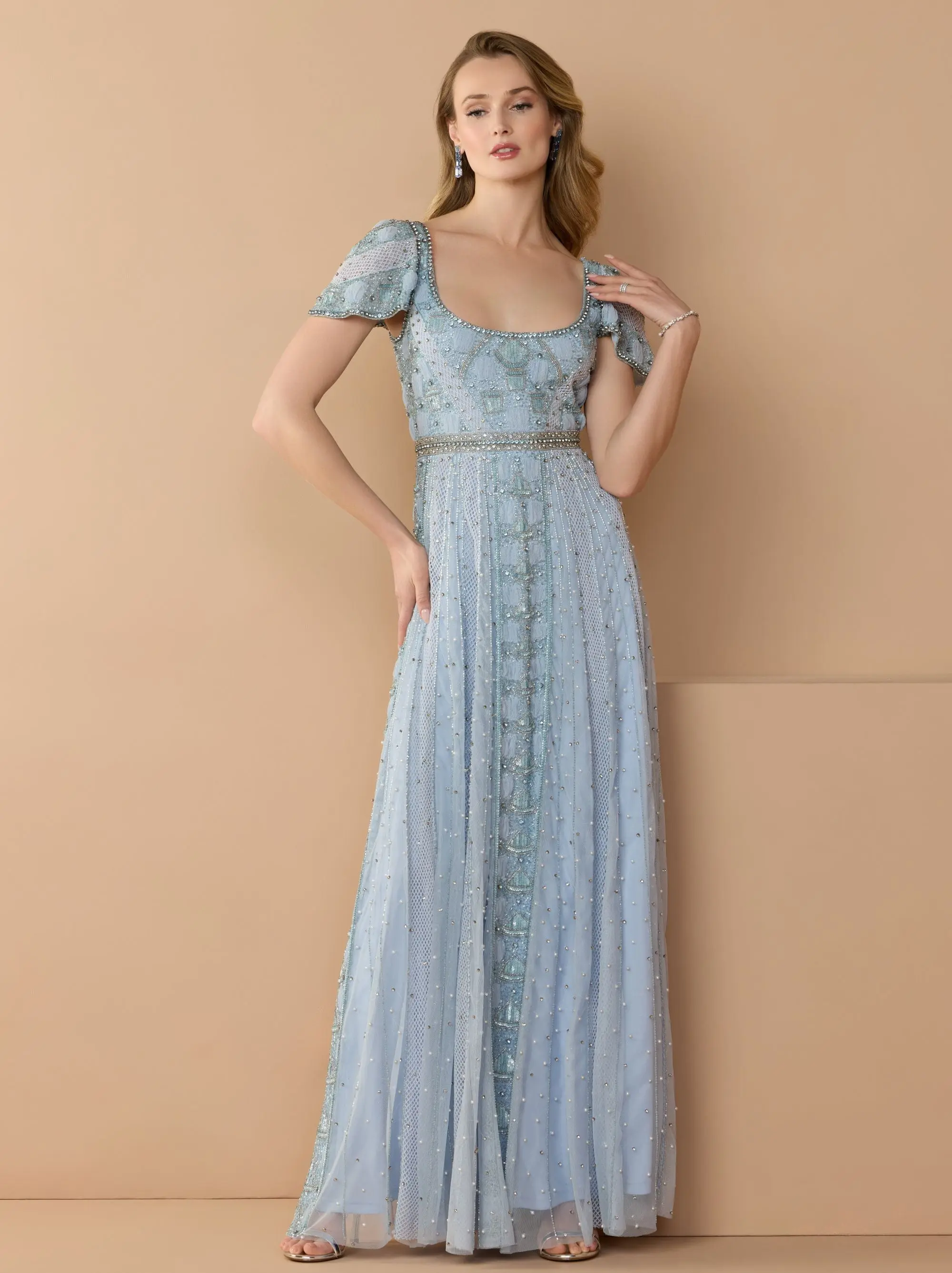 Blue Short Sleeve Scoop Neck Embellished Gown - Image 3