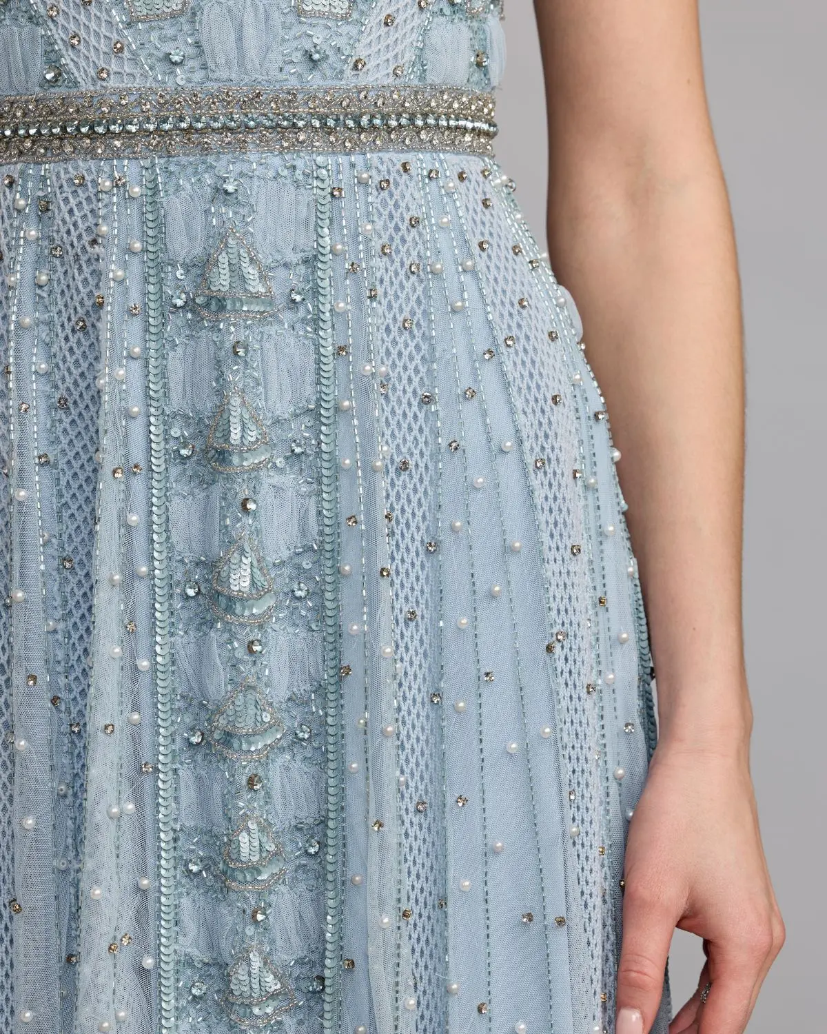 Blue Short Sleeve Scoop Neck Embellished Gown - Image 6