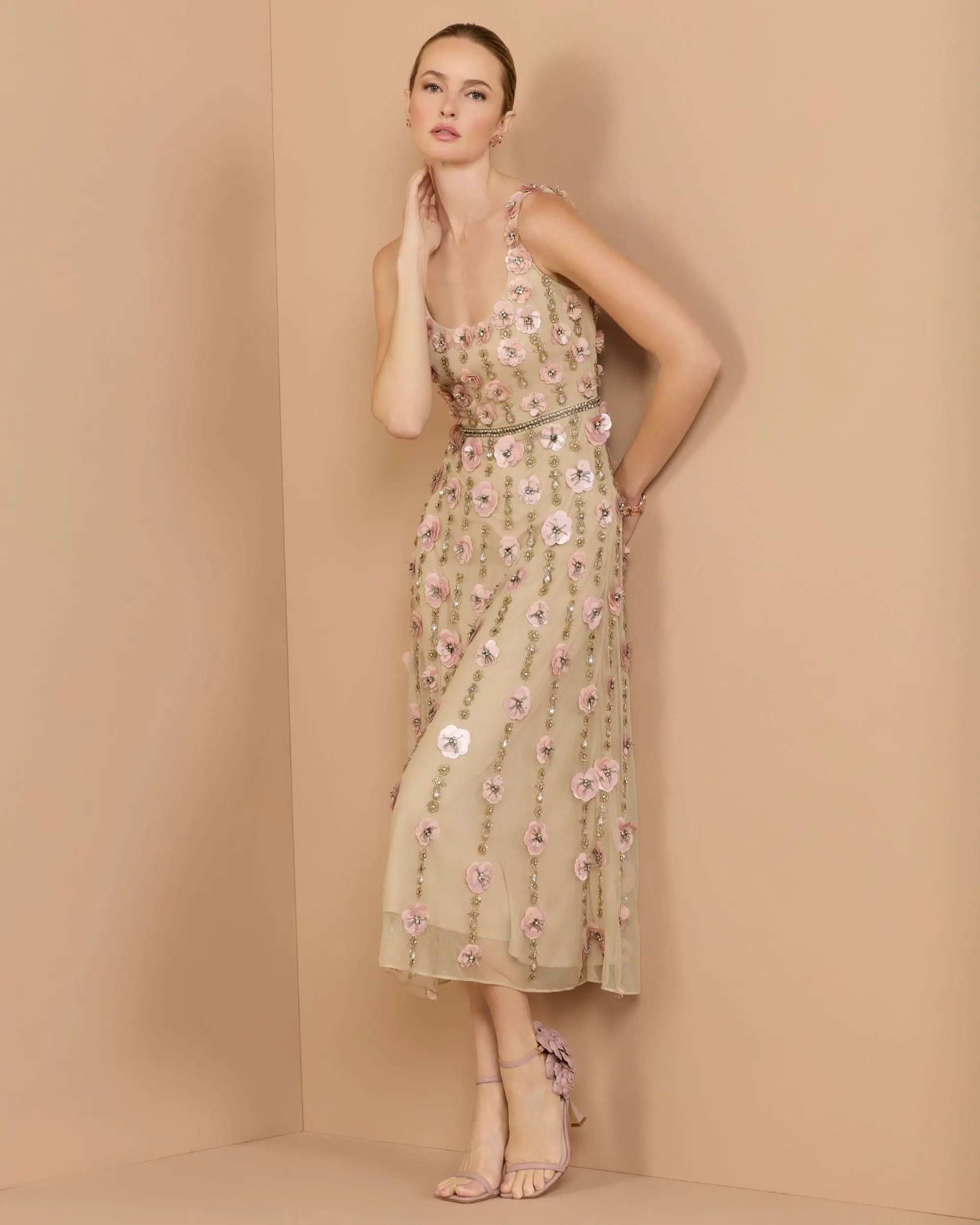Beige Sleeveless Scoop Neck Embellished Midi Dress