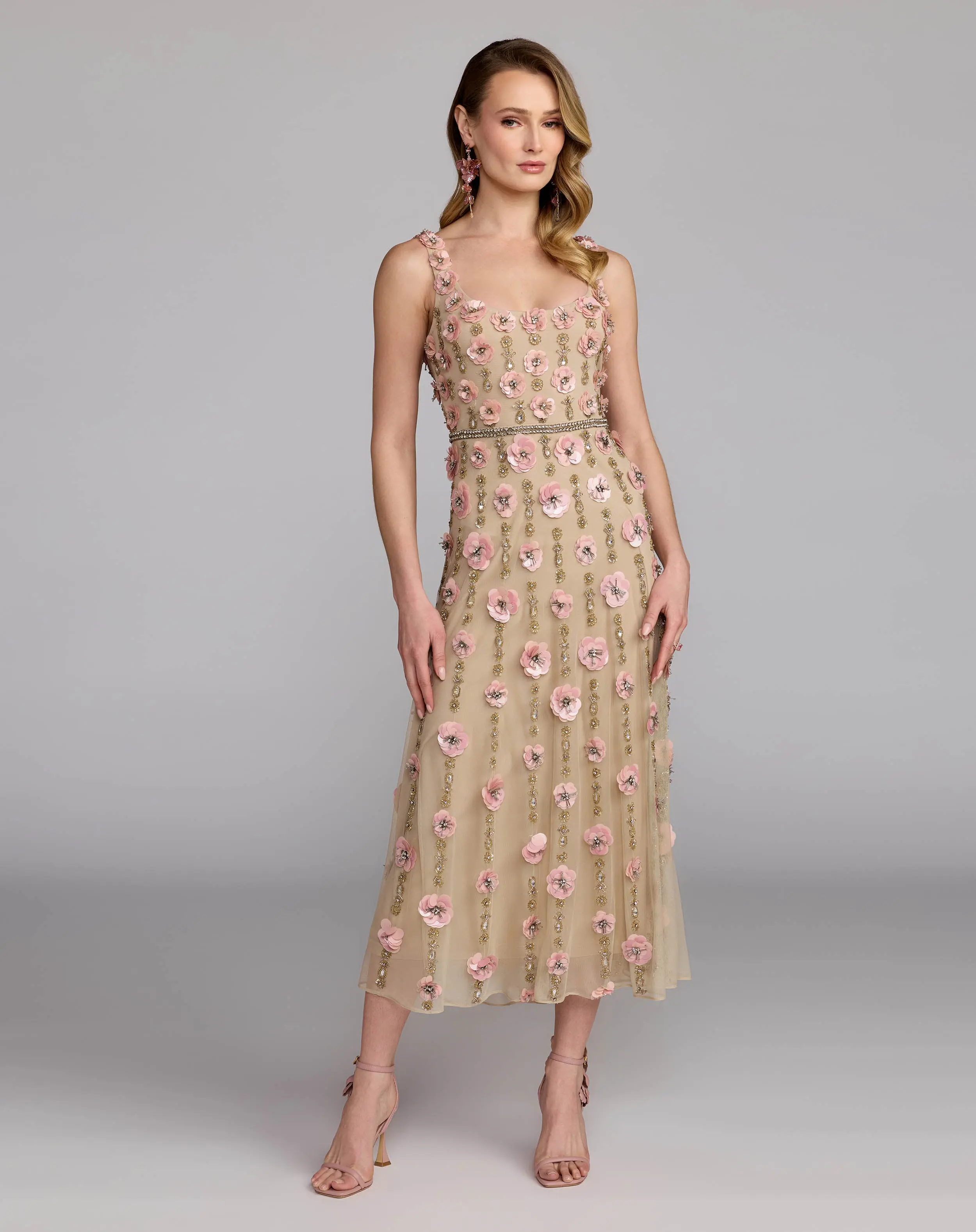 Beige Sleeveless Scoop Neck Embellished Midi Dress - Image 4
