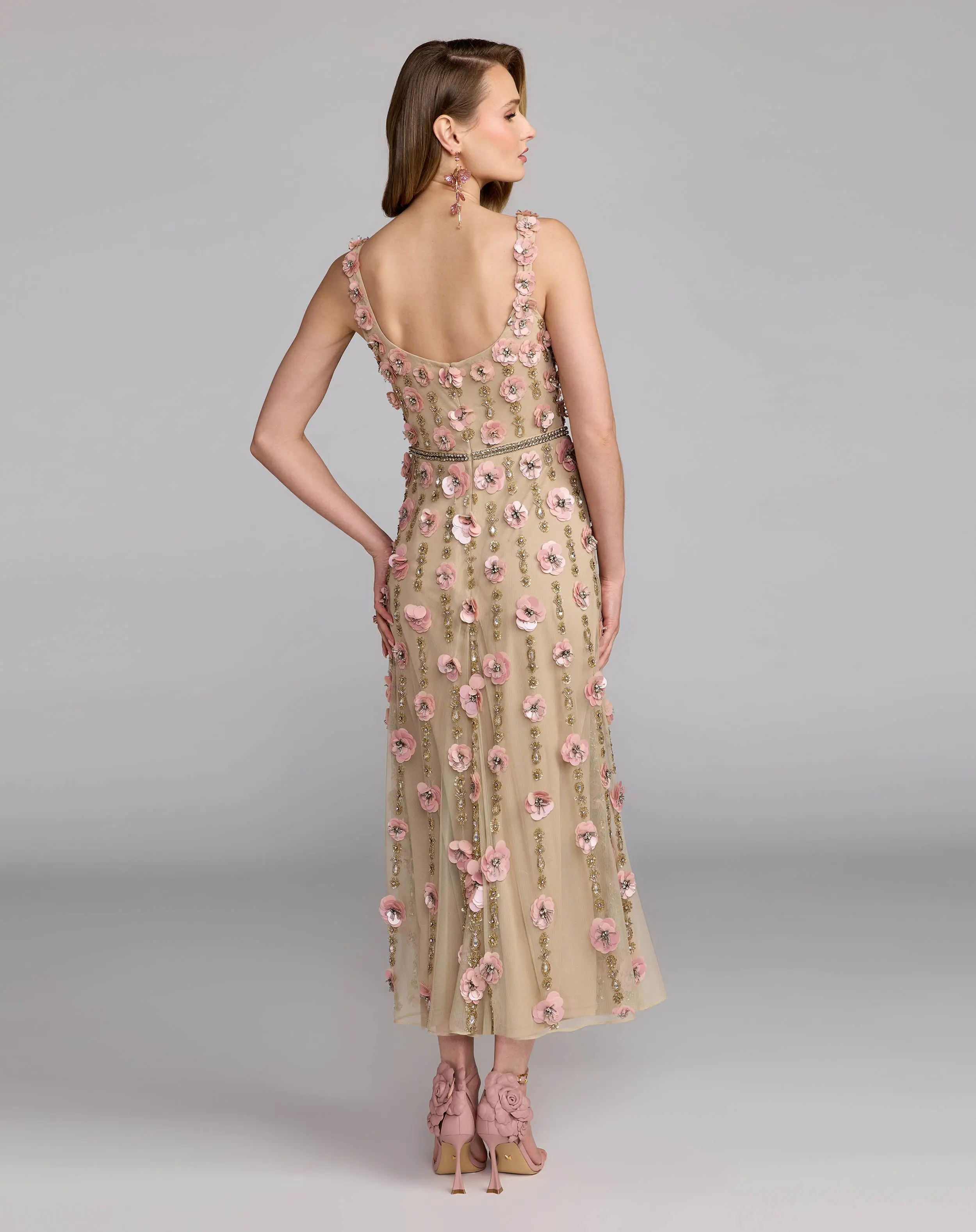 Beige Sleeveless Scoop Neck Embellished Midi Dress - Image 7