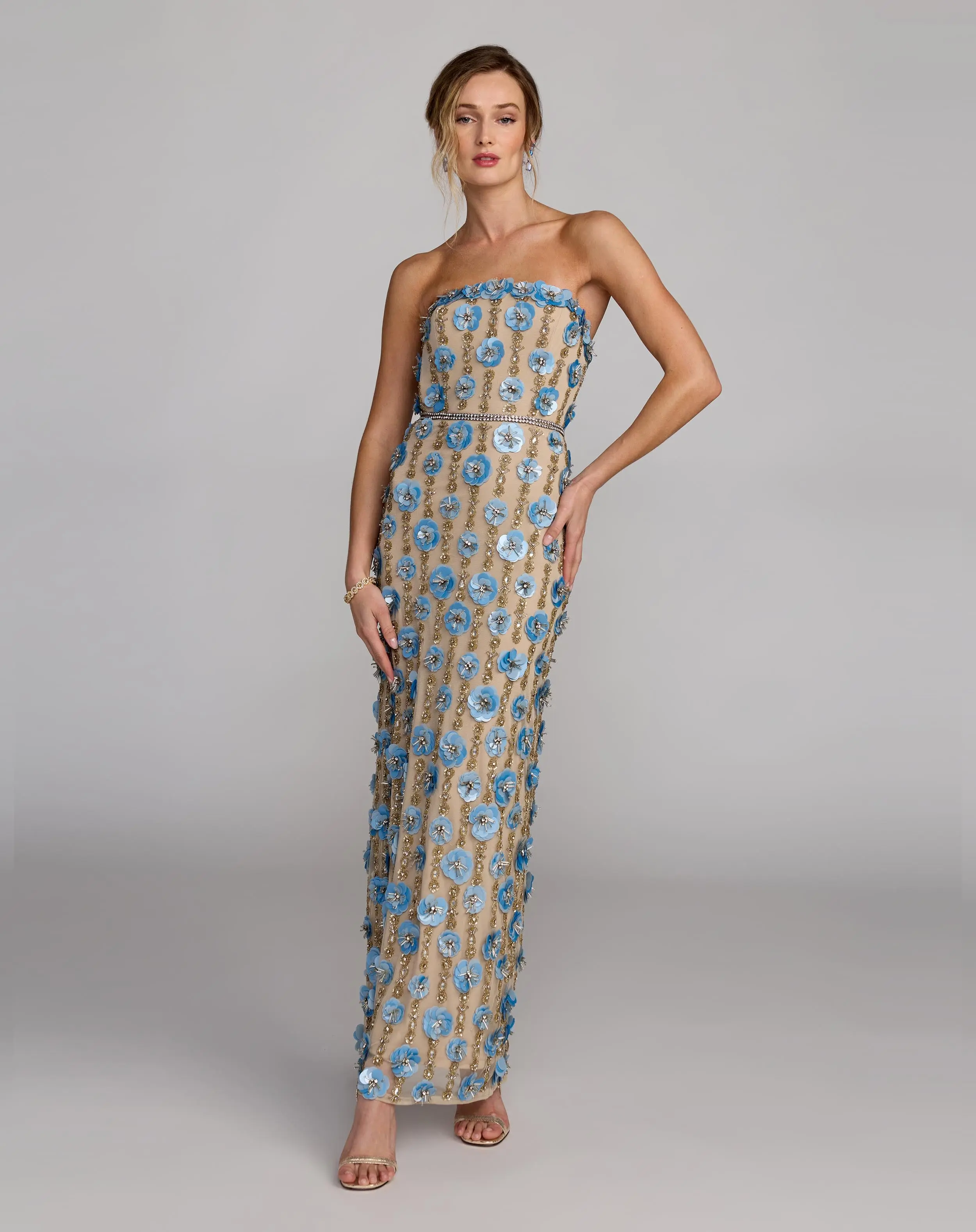Beige Strapless 3D Floral Embellished Dress - Image 4