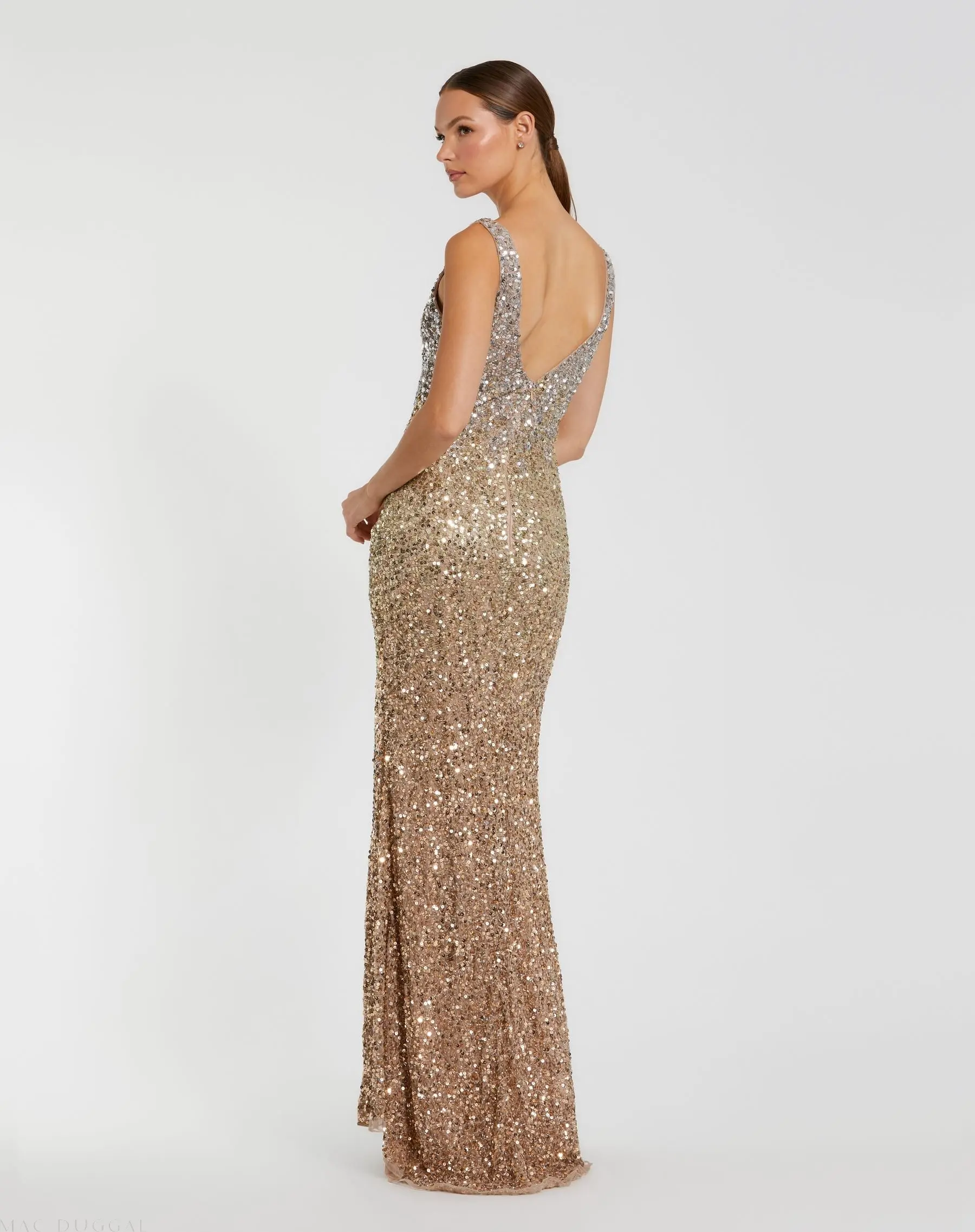 Gold Sequined Sleeveless V Neck Side Slit Gown - Image 3