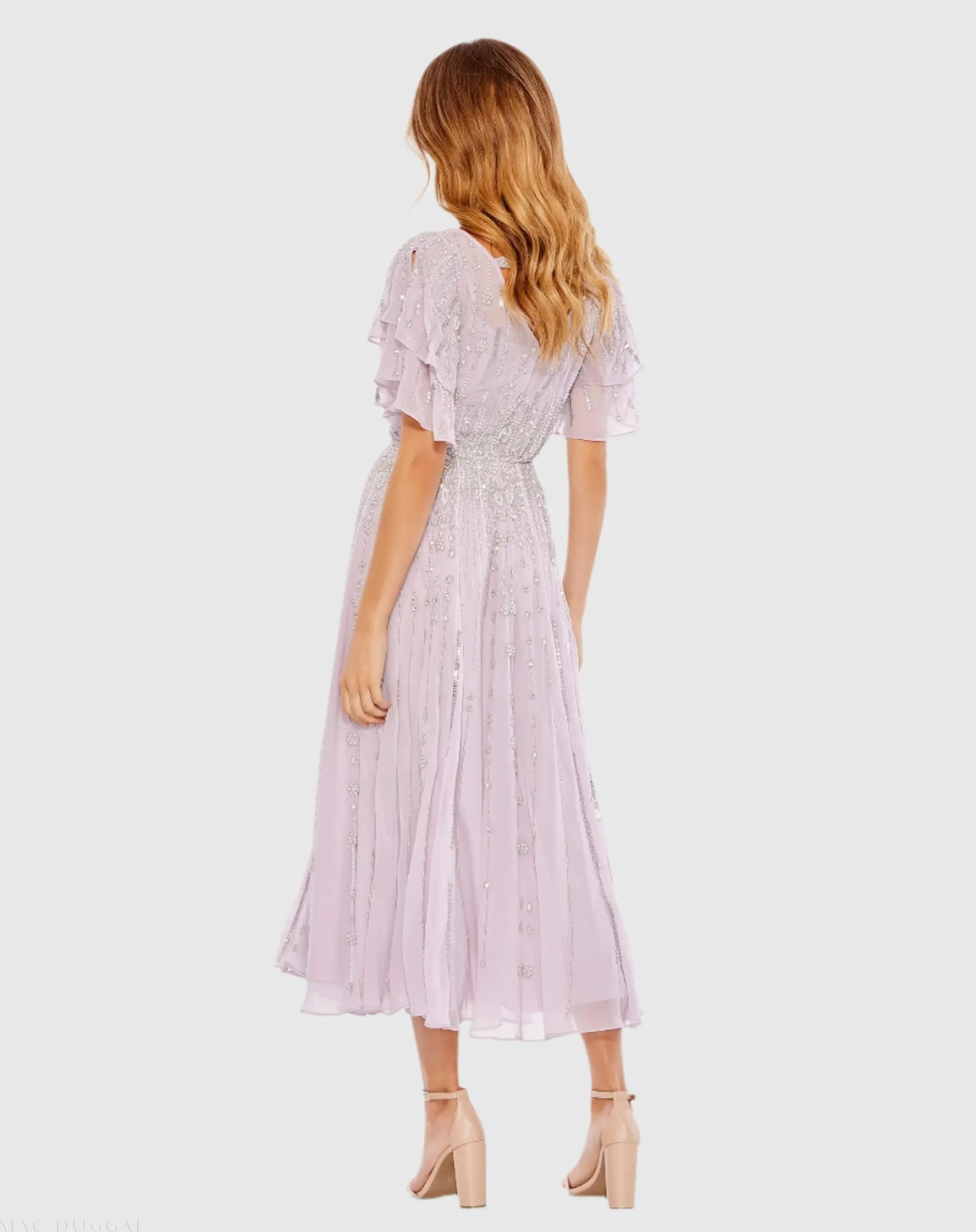 Purple High Neck Embellished Flutter Sleeve Midi Dress - Image 3