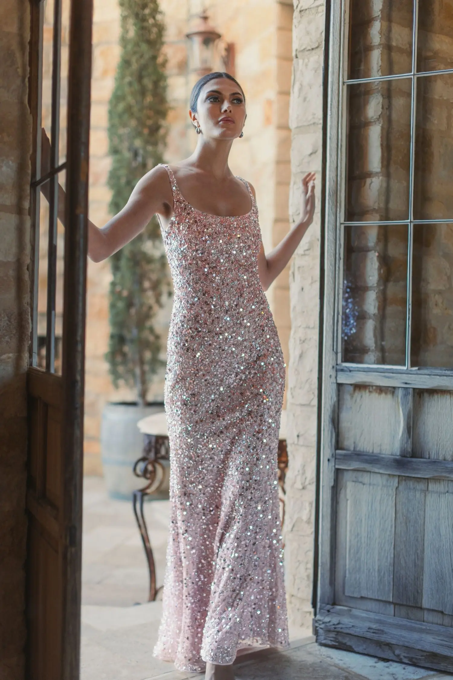 Pink Sequined Low Back Slip Gown - Image 6