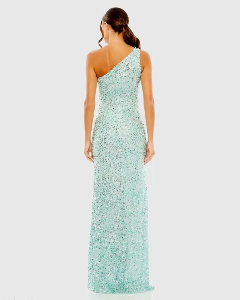 Blue Sequined One Shoulder Gown With Slit - Image 3
