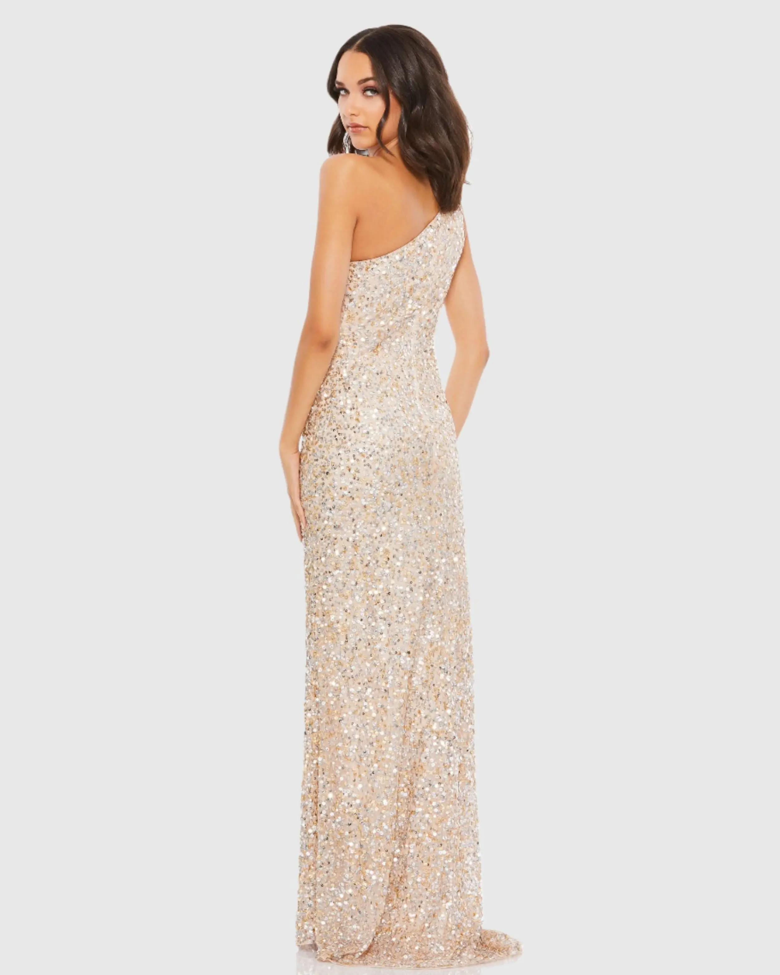 Beige Sequin One Shoulder Gown With Slit - Image 3