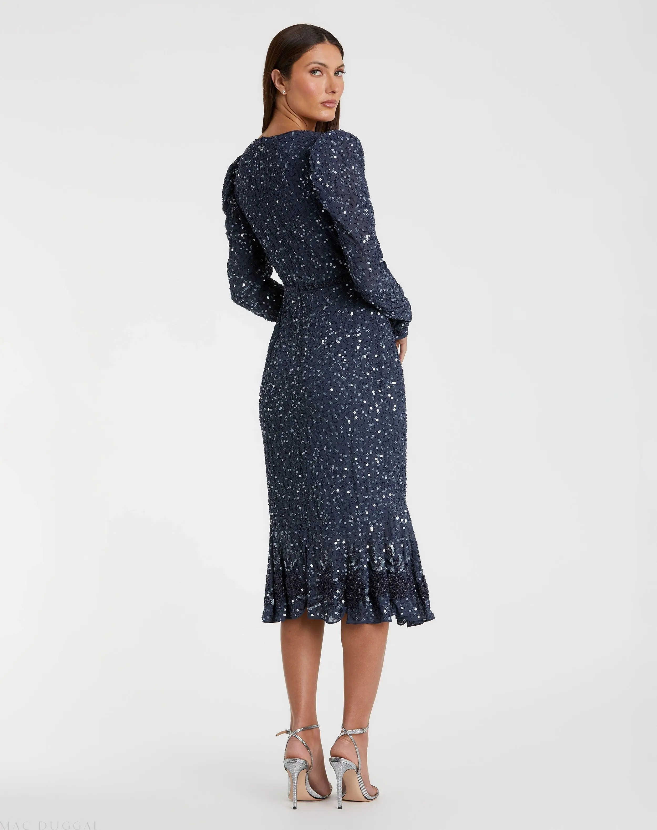 Blue Sequin Dress with Embellished Hemline and Belt - FINAL SALE - Image 3