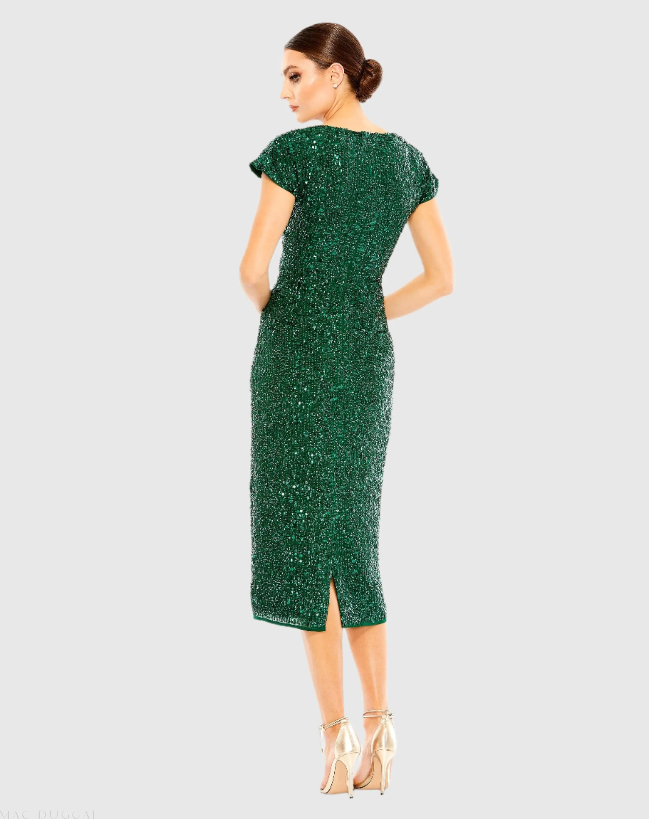 Dark Green Sequined Cap Sleeve Wrap Over Cocktail Dress - Image 3