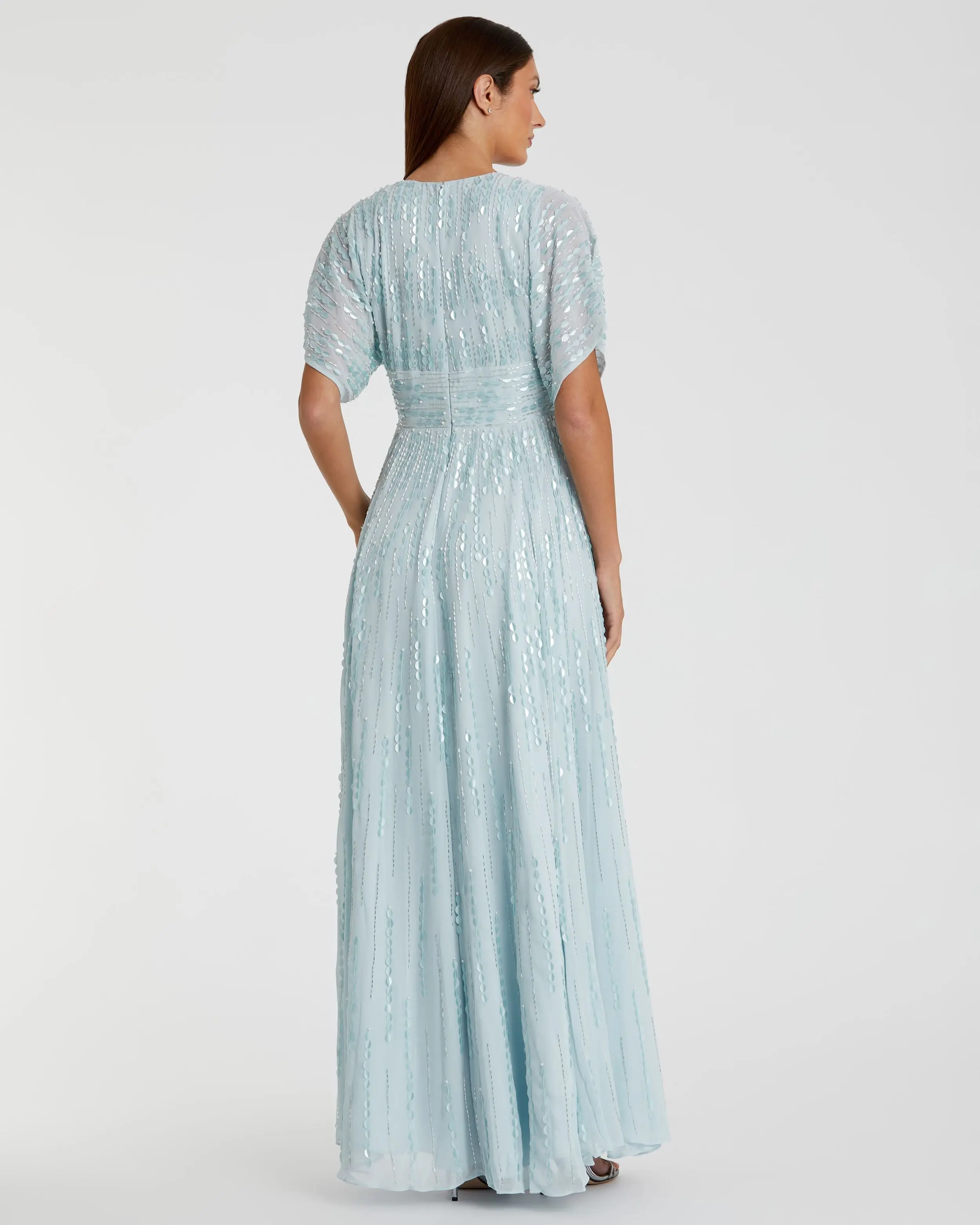 Blue Embellished V Neck Evening Gown - Image 3