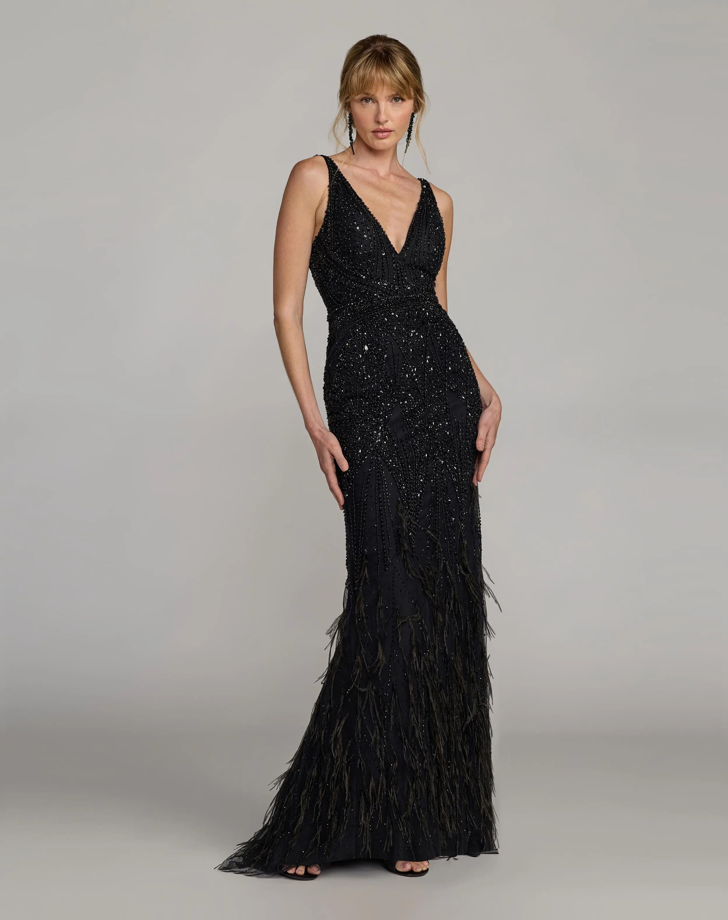 Black Embellished V-Neck Gown With Feather Hem - Image 4