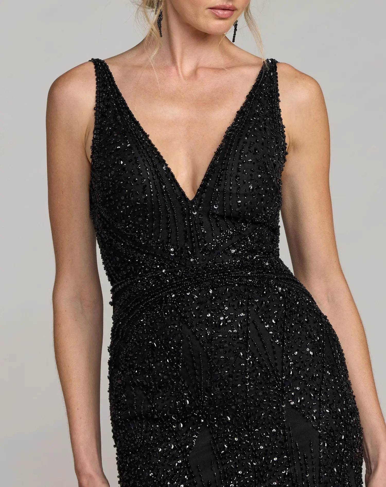 Black Embellished V-Neck Gown With Feather Hem - Image 5