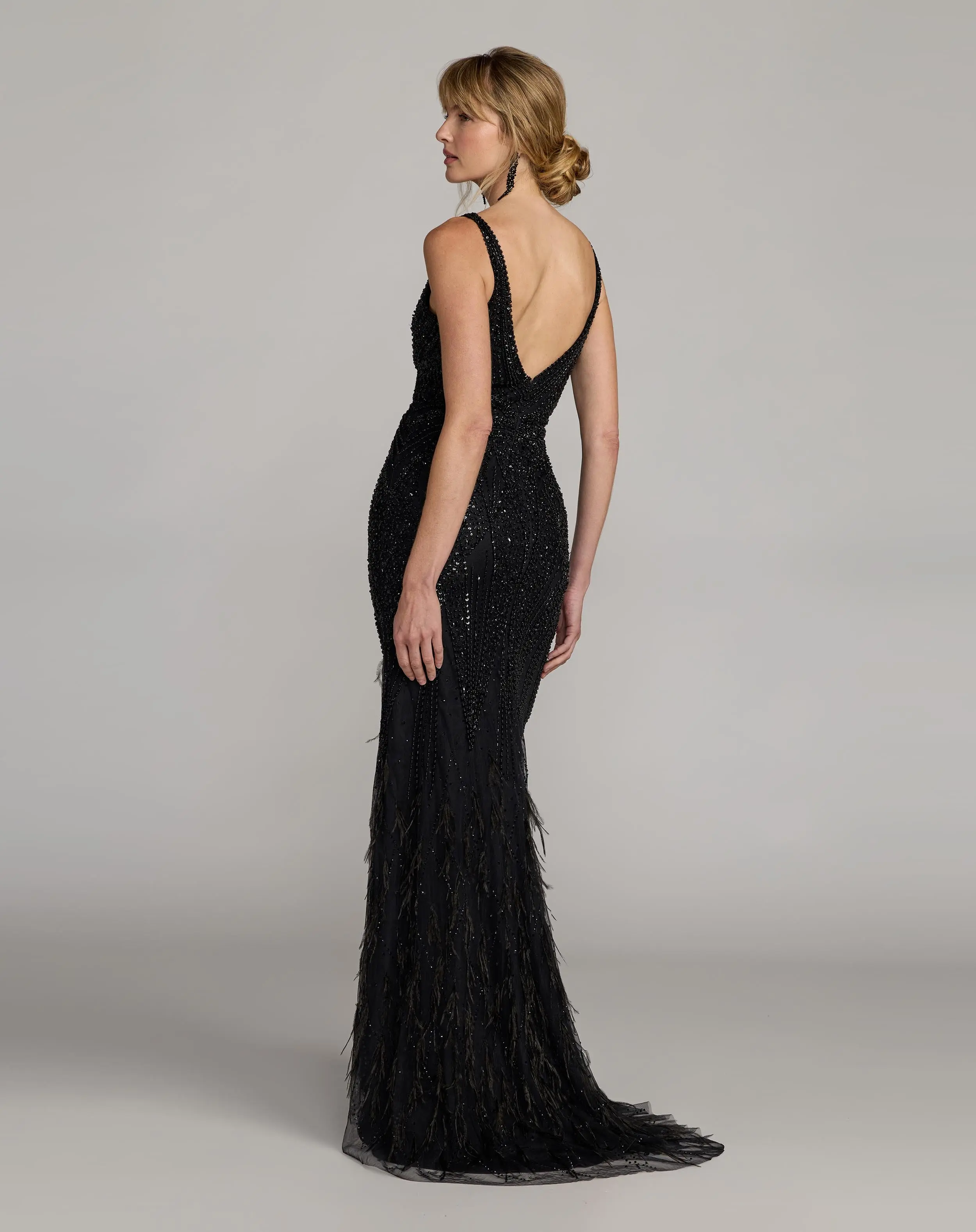 Black Embellished V-Neck Gown With Feather Hem - Image 7