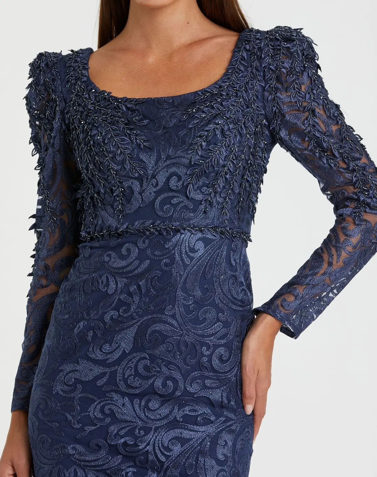 Navy Long Sleeve Embroidered Applique Trumpet Gown - Image 2