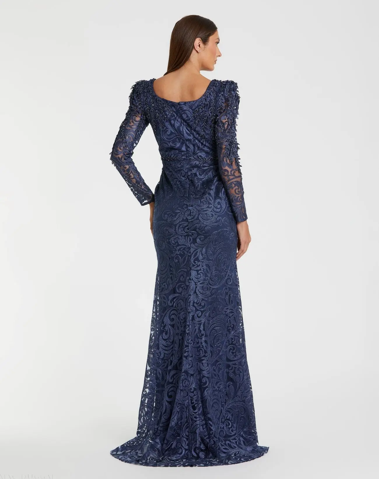Navy Long Sleeve Embroidered Applique Trumpet Gown - Image 3