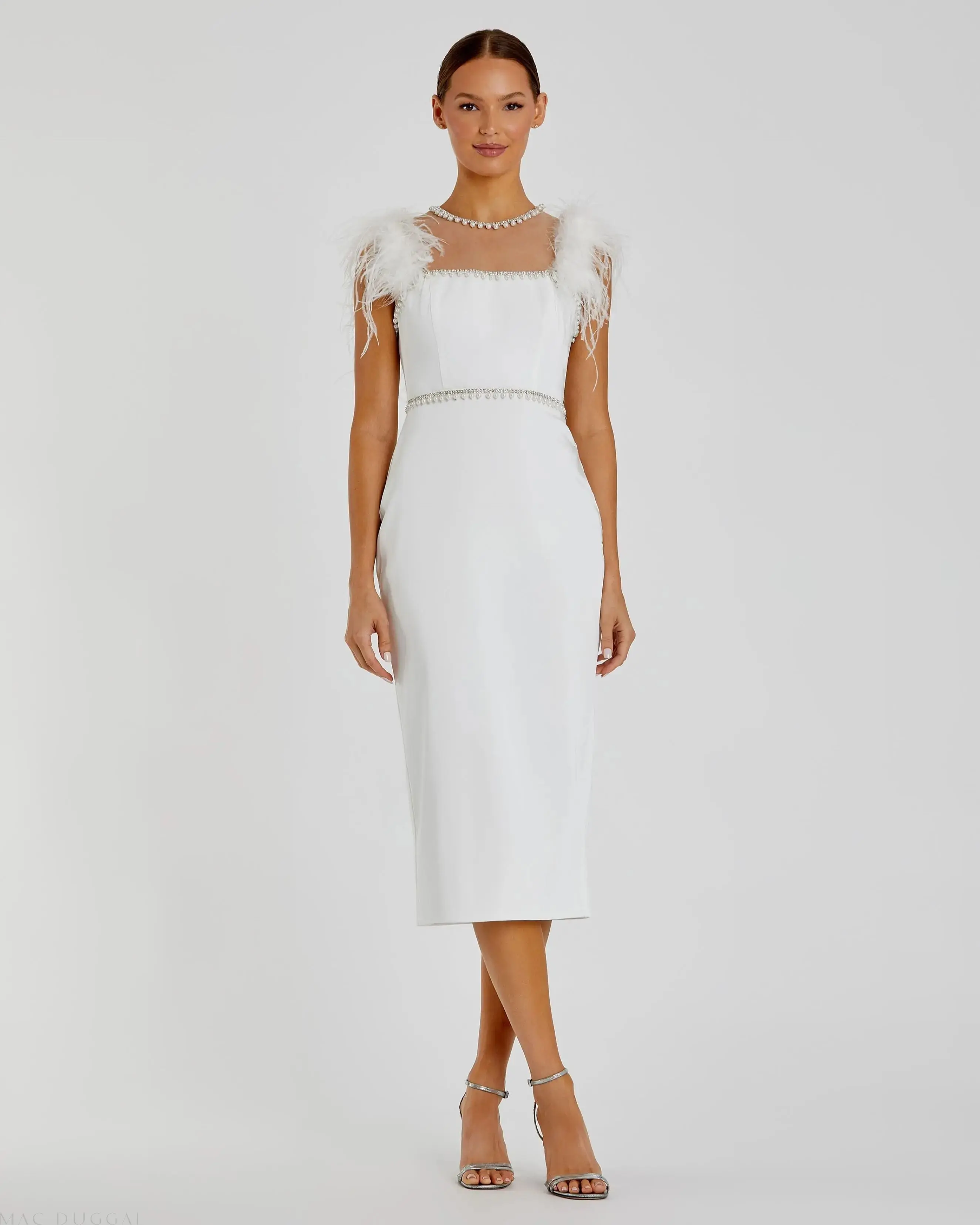 White Feather Cap Sleeve Pearl Embellished Tea-length Dress