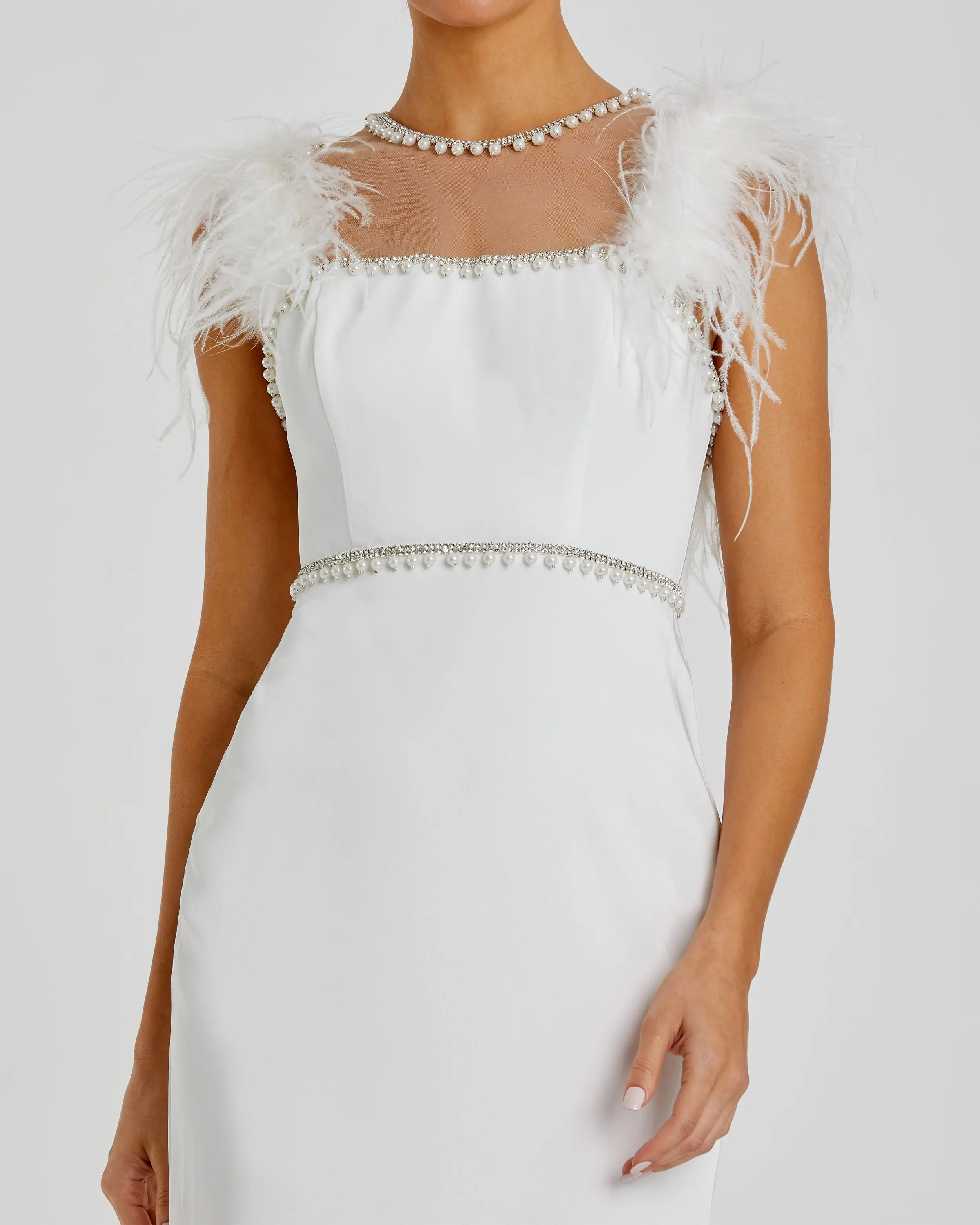 White Feather Cap Sleeve Pearl Embellished Tea-length Dress - Image 2
