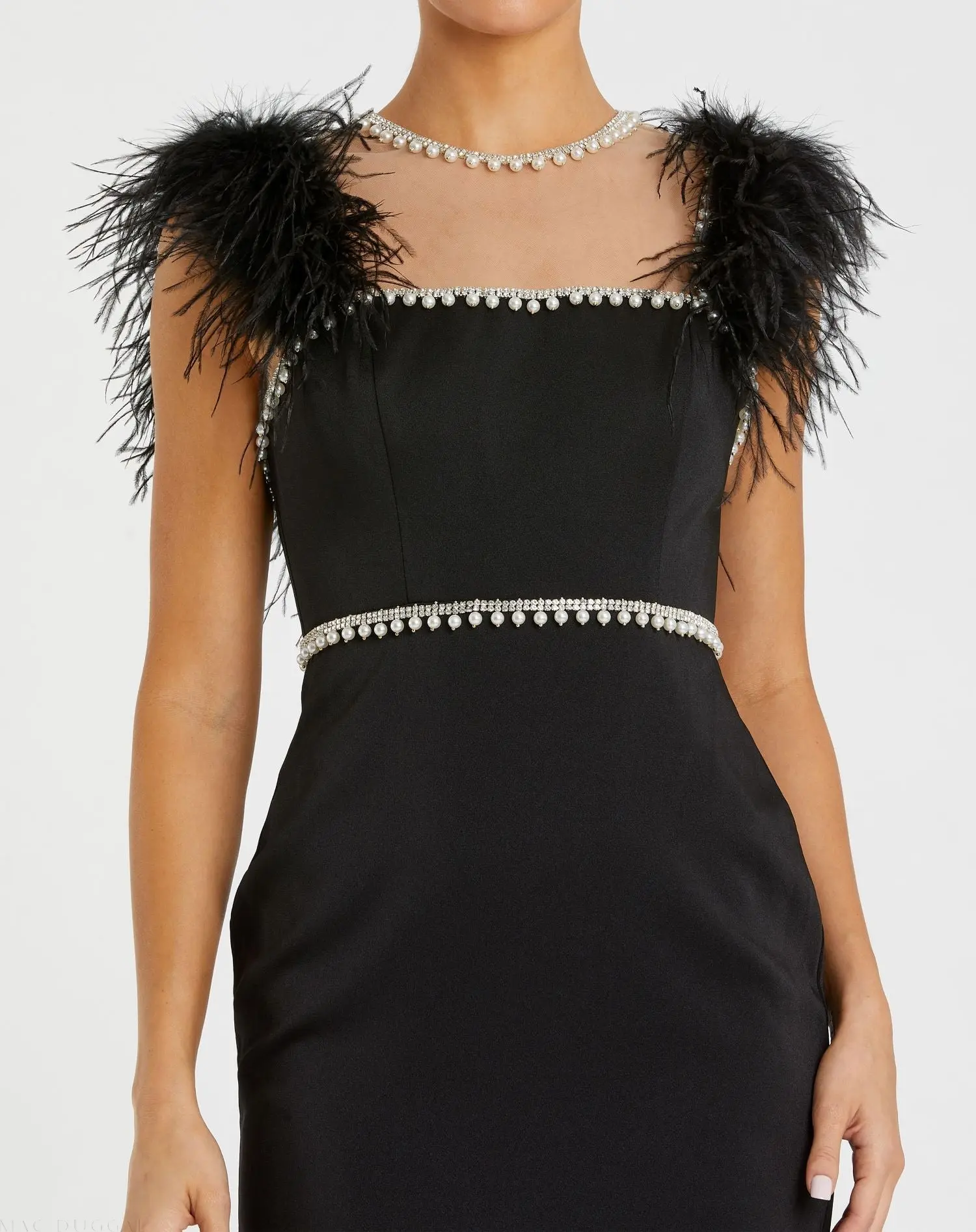 Black Feather Cap Sleeve Pearl Embellished Tea-length Dress - Image 2