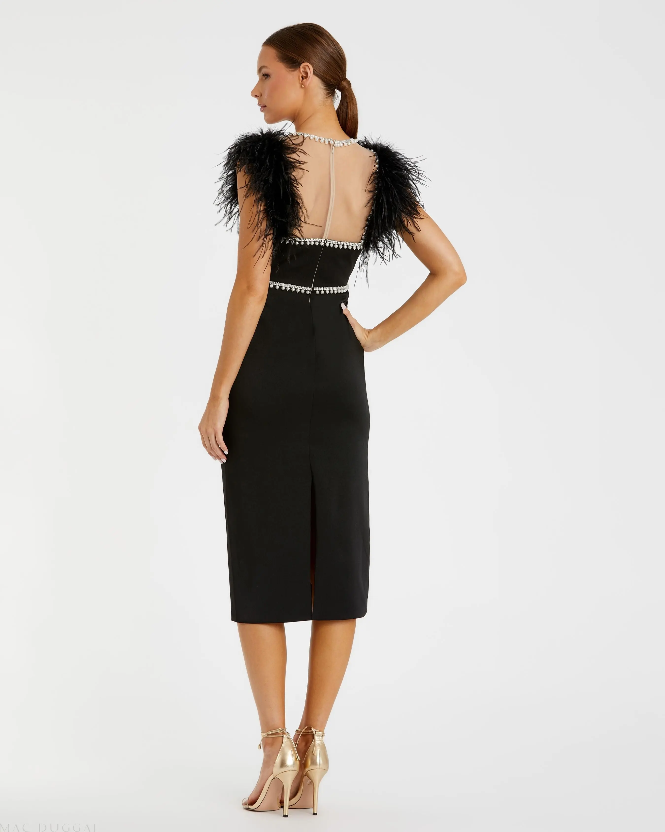 Black Feather Cap Sleeve Pearl Embellished Tea-length Dress - Image 3