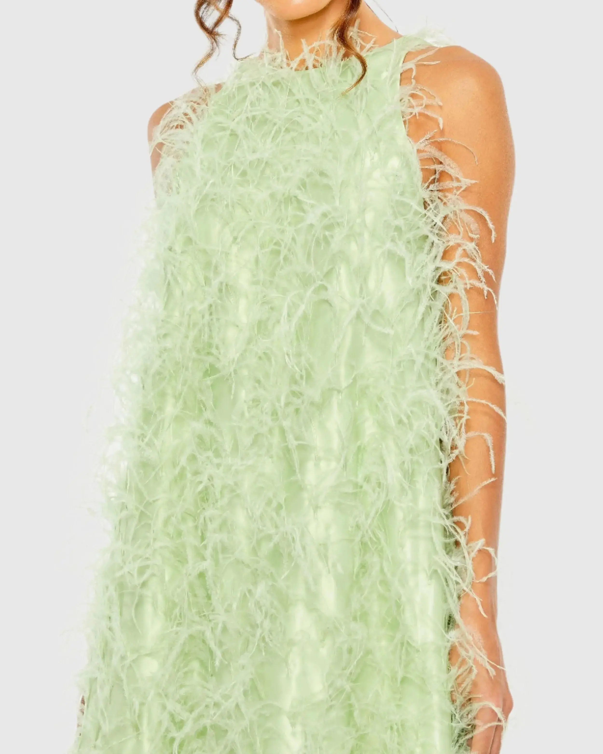 Green Sleeveless Feather Embellished High Low Gown - Image 5