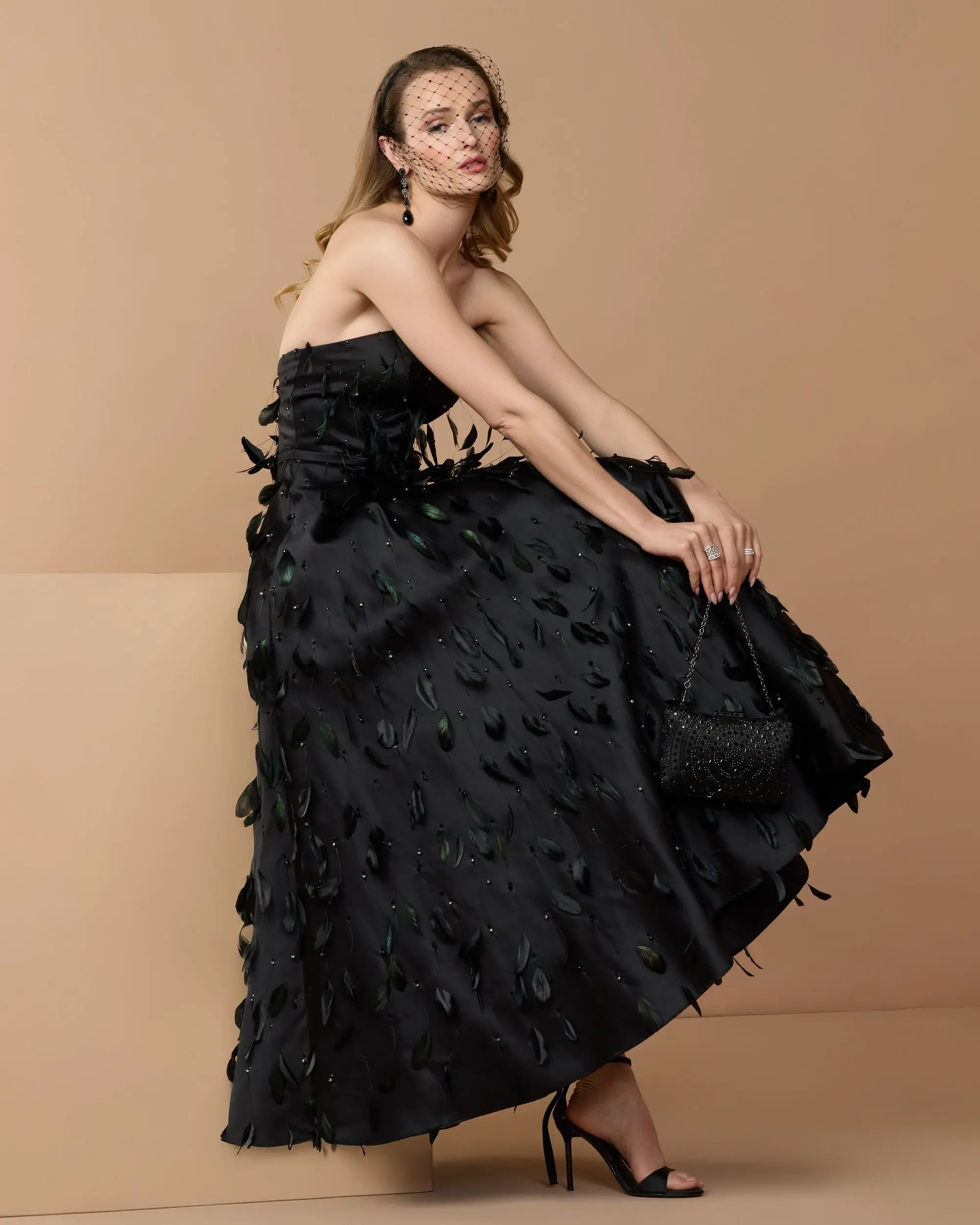 Black Strapless Feather Embellished Satin A-Line Dress