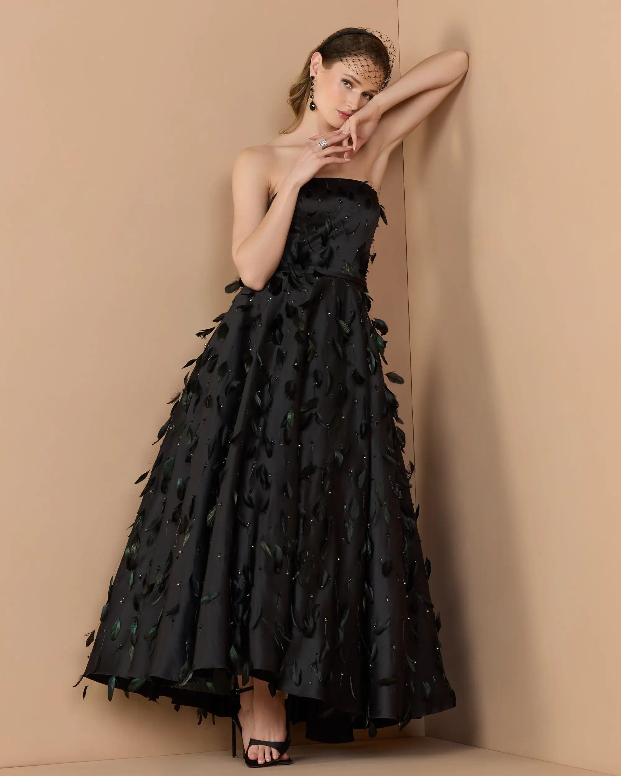Black Strapless Feather Embellished Satin A-Line Dress - Image 2