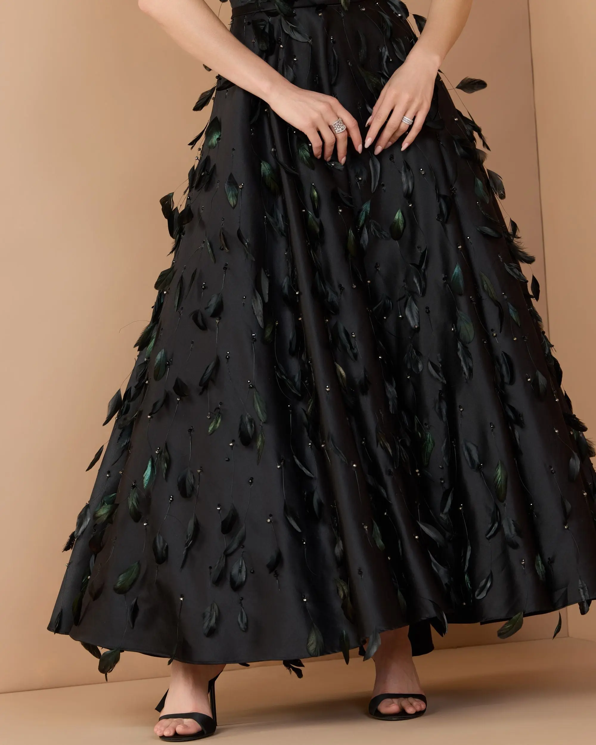 Black Strapless Feather Embellished Satin A-Line Dress - Image 3
