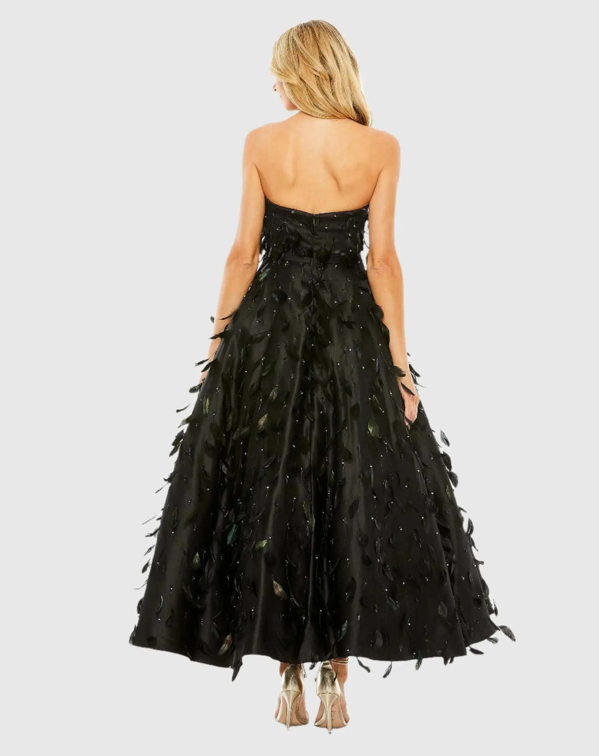 Black Strapless Feather Embellished Satin A-Line Dress - Image 6