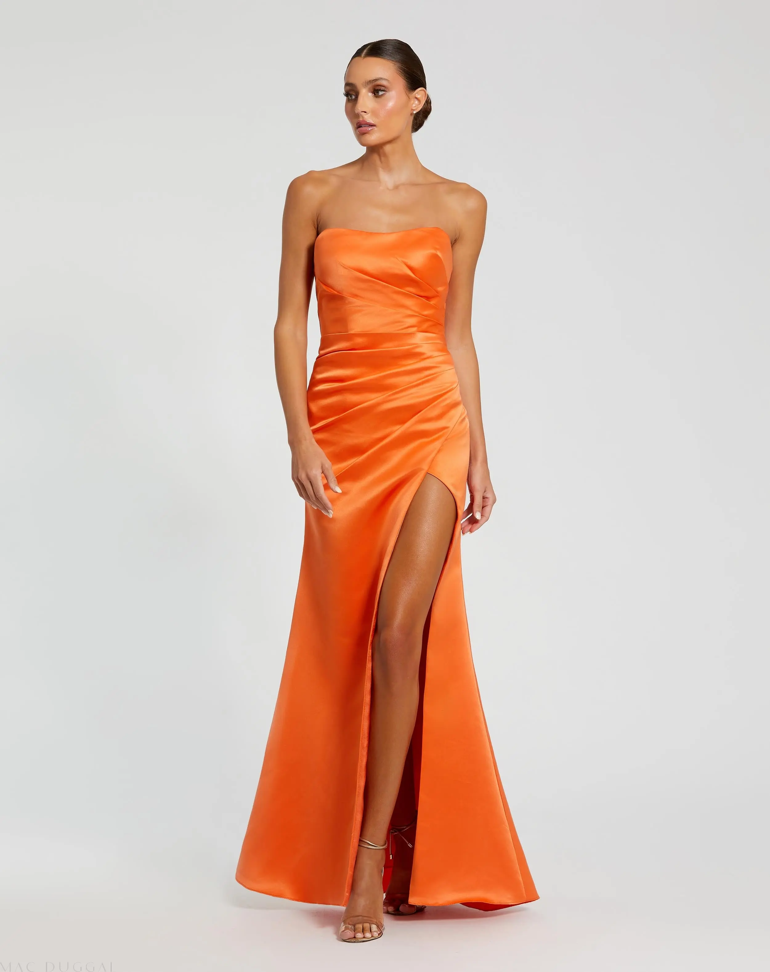 Orange Strapless Satin Gown With Slit