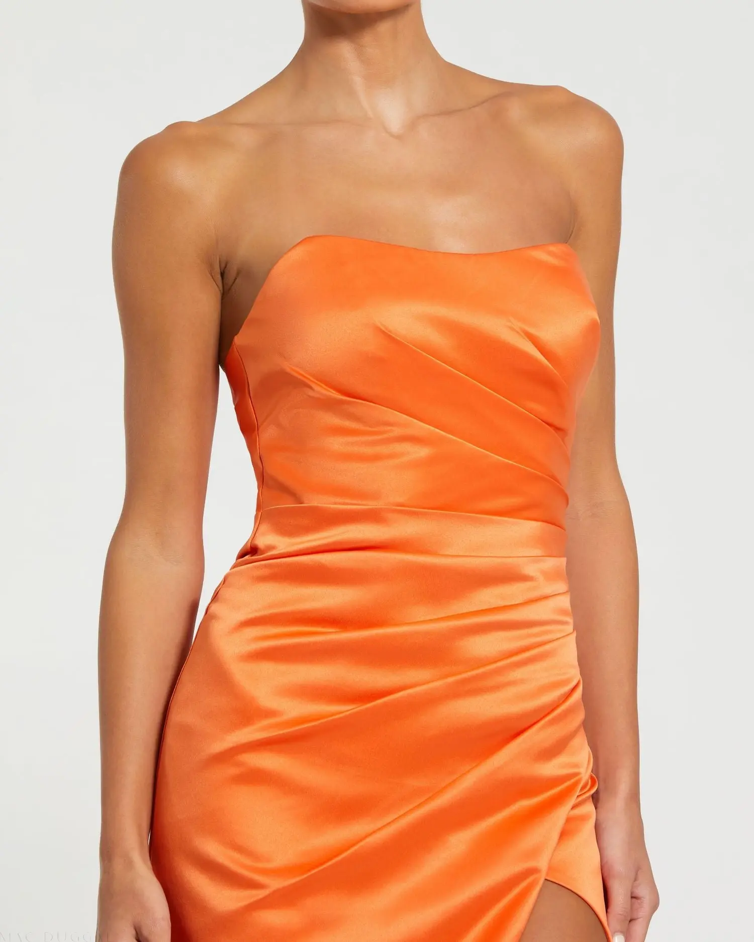 Orange Strapless Satin Gown With Slit - Image 2