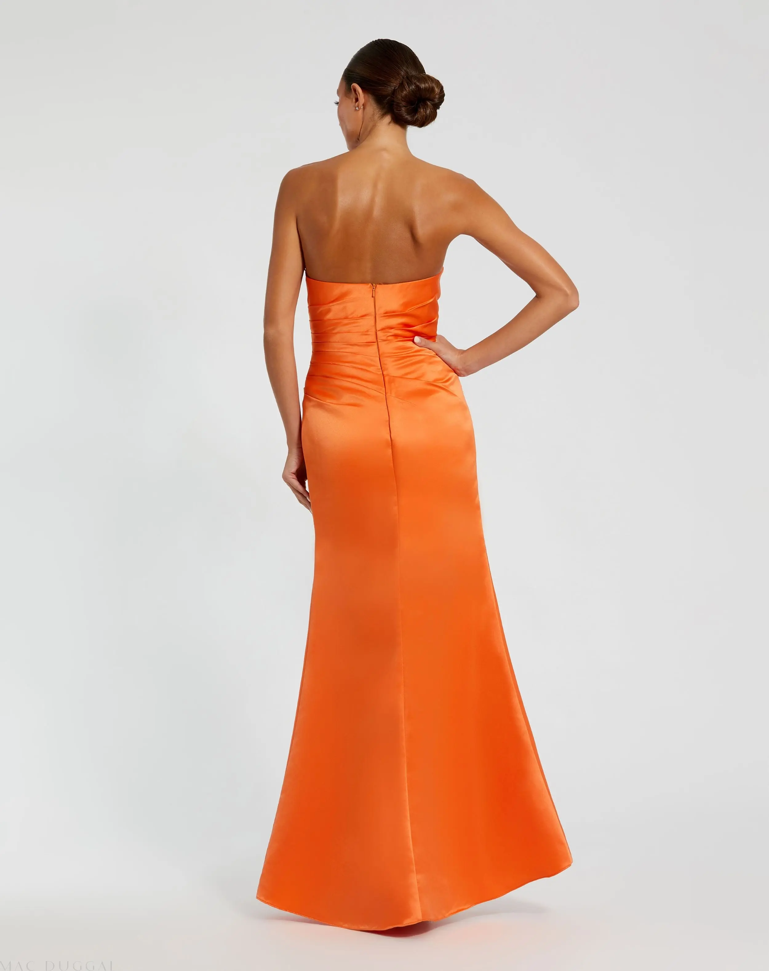 Orange Strapless Satin Gown With Slit - Image 3