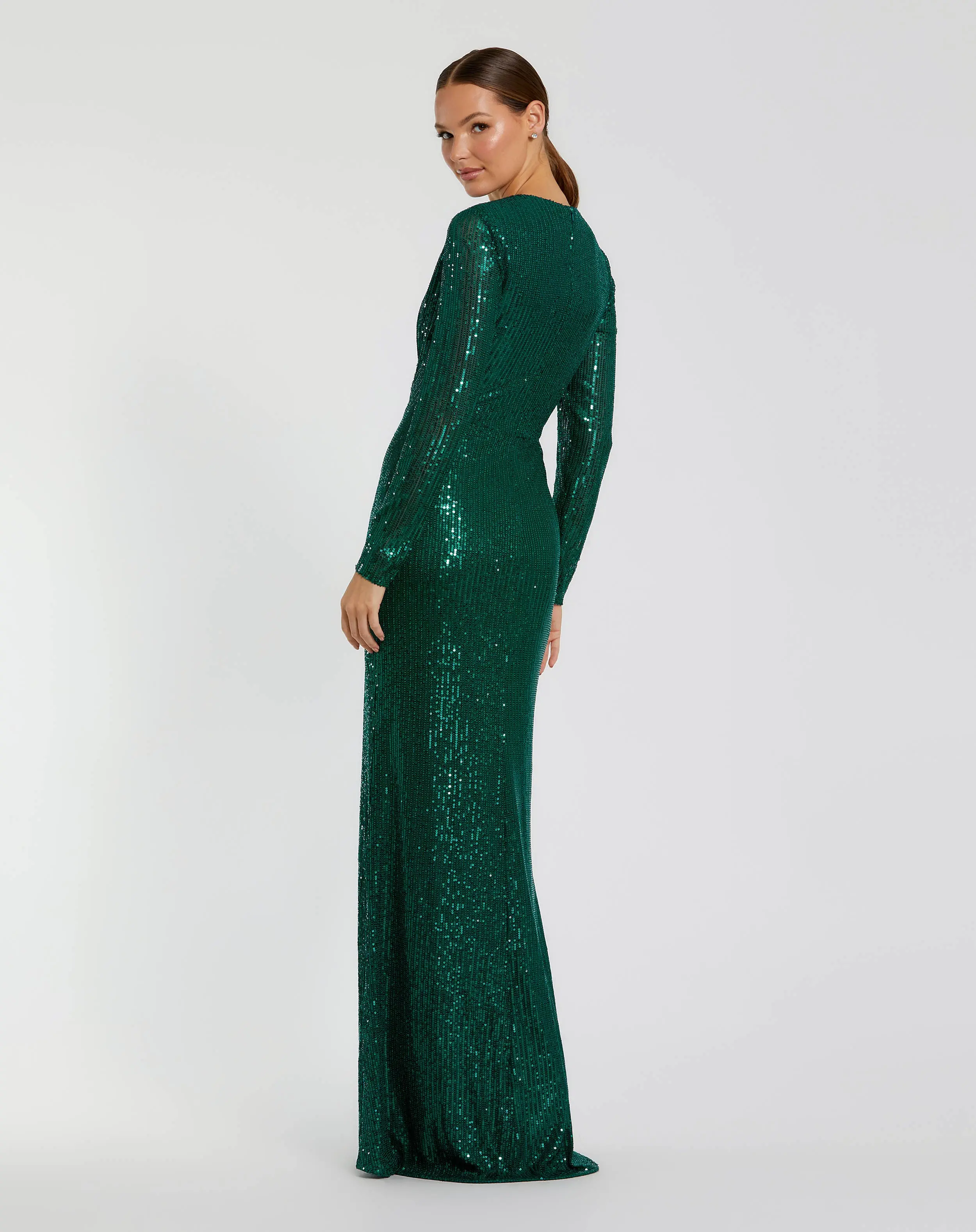 Green Sequined Long Sleeve Side Knot Gown - Image 3