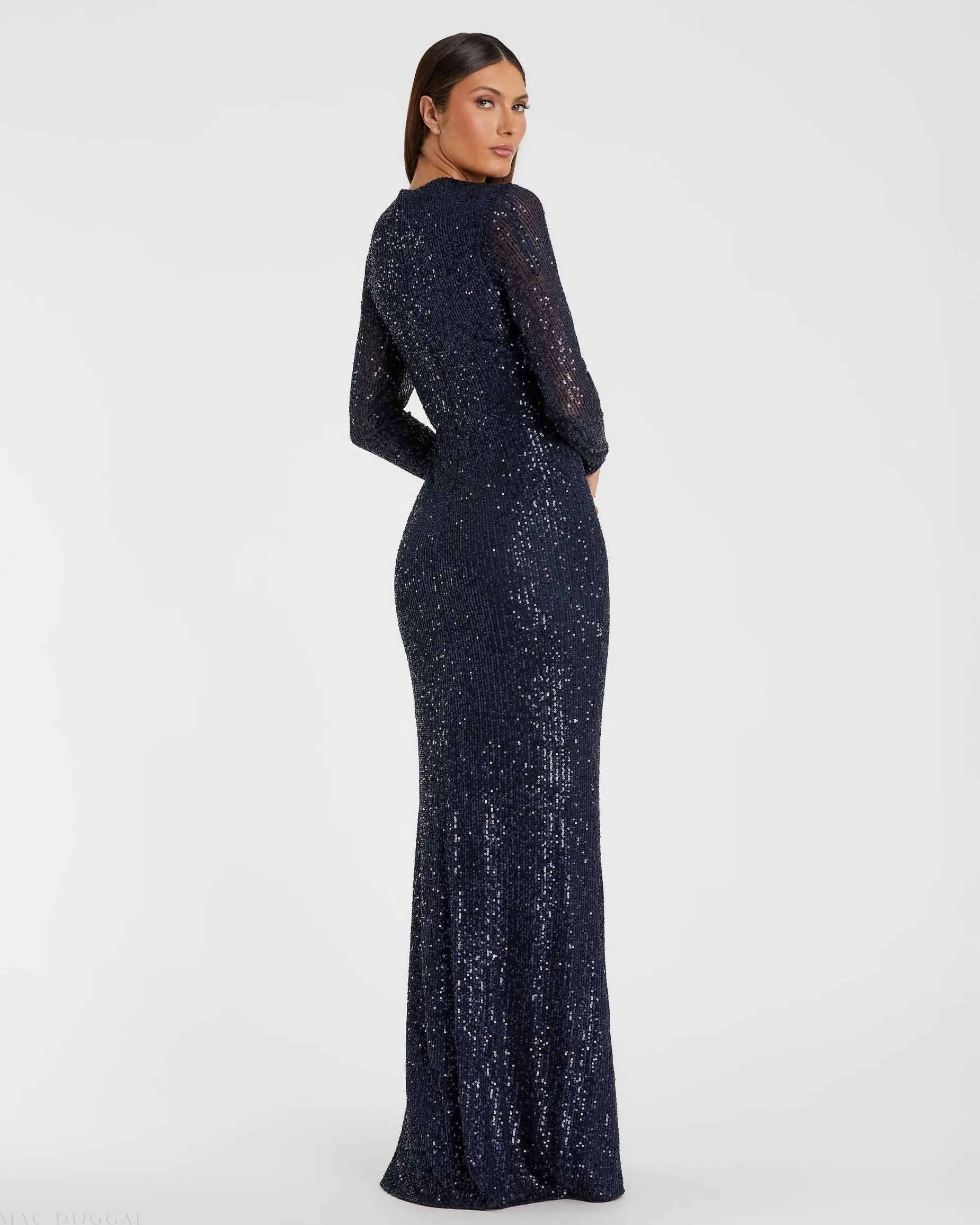 Navy Sequined Long Sleeve Side Knot Gown - Image 3