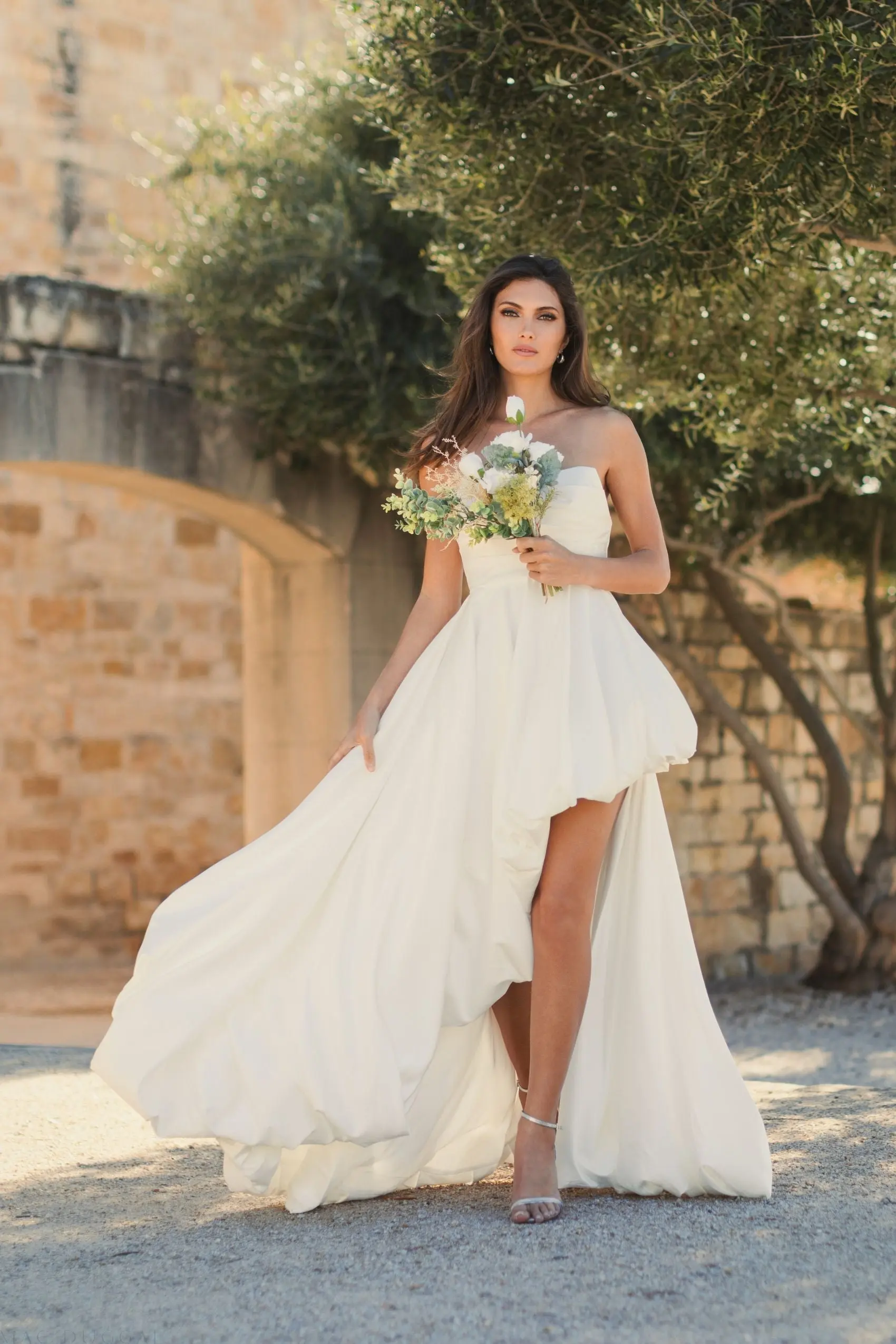 White Strapless Ruched High Low Gown - Image 4