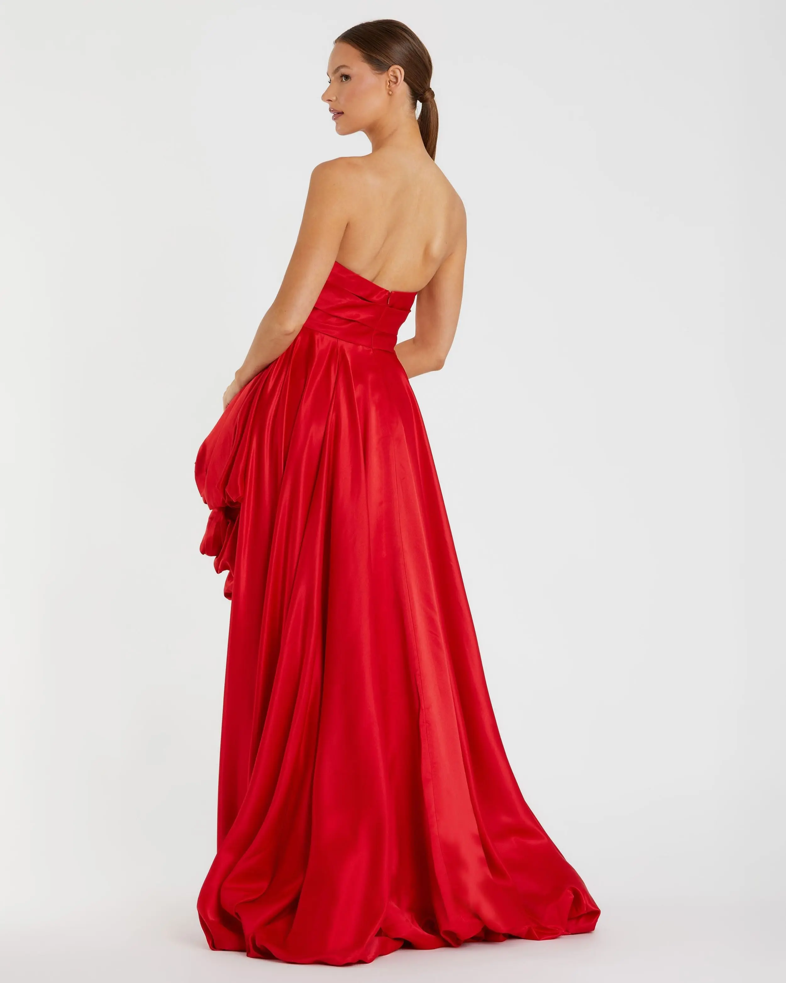 Red Strapless Ruched High Low Gown - Image 3