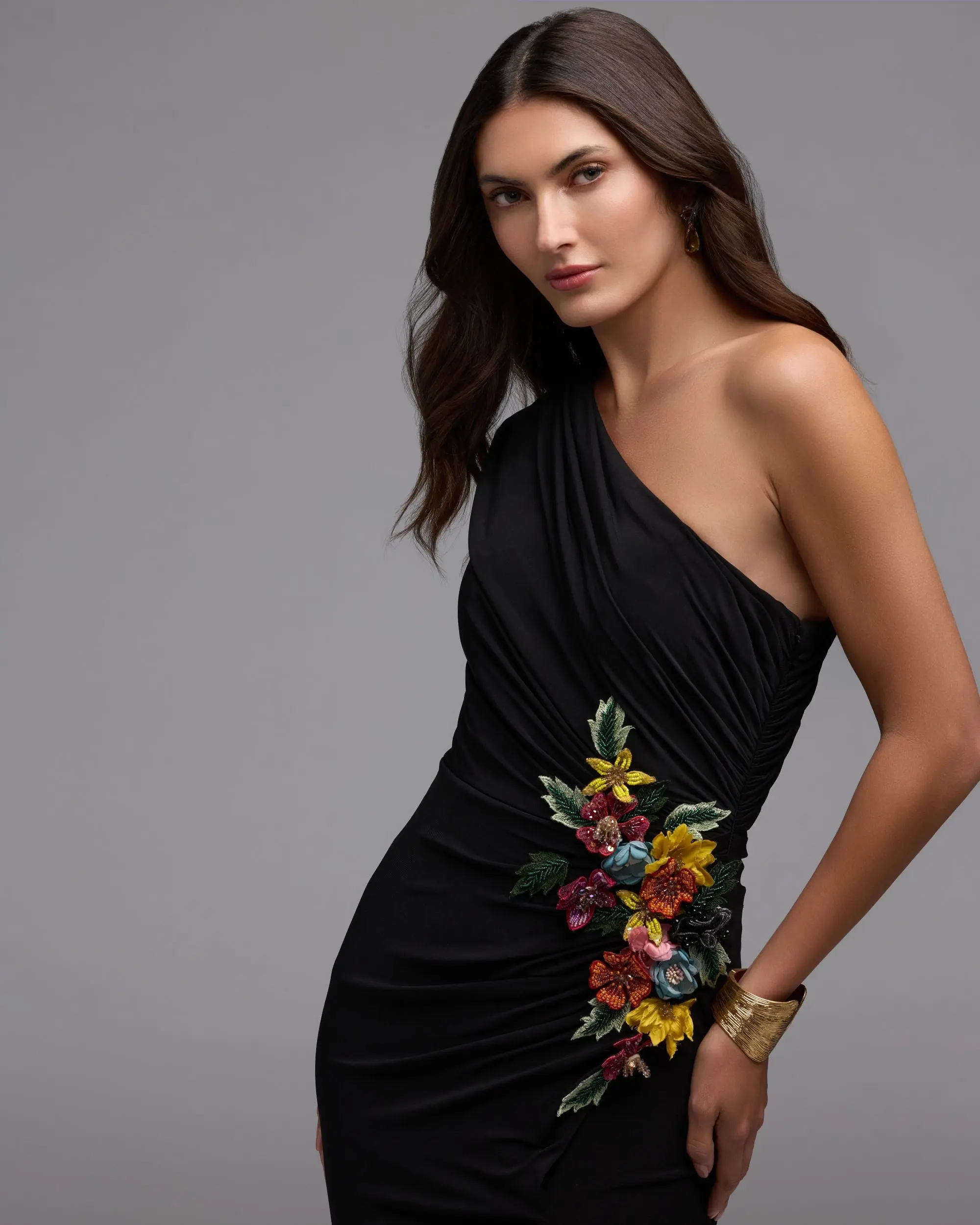 Black One Shoulder Beaded Jersey Gown - Image 5