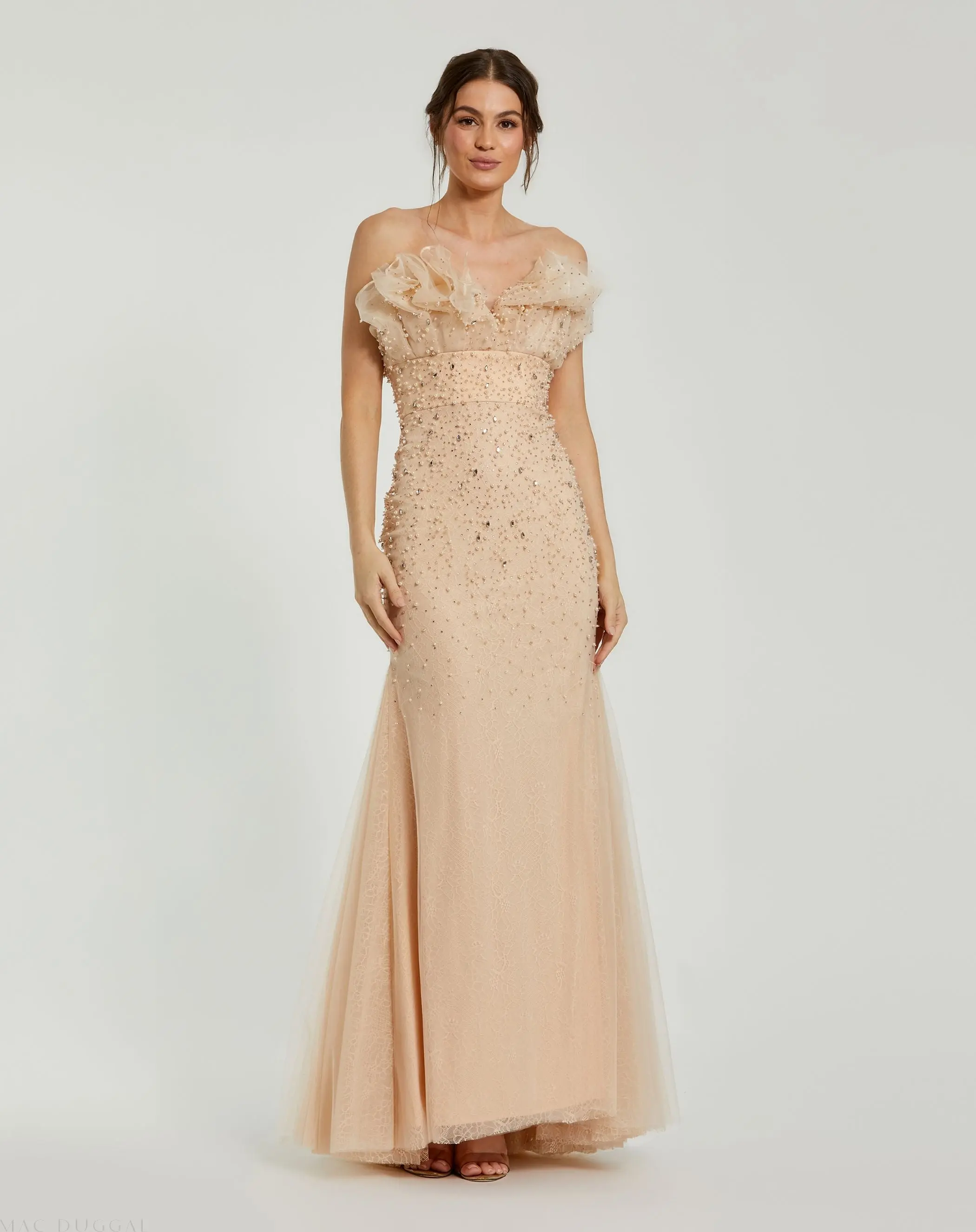 Beige Strapless Embellished Tulle Mermaid Gown