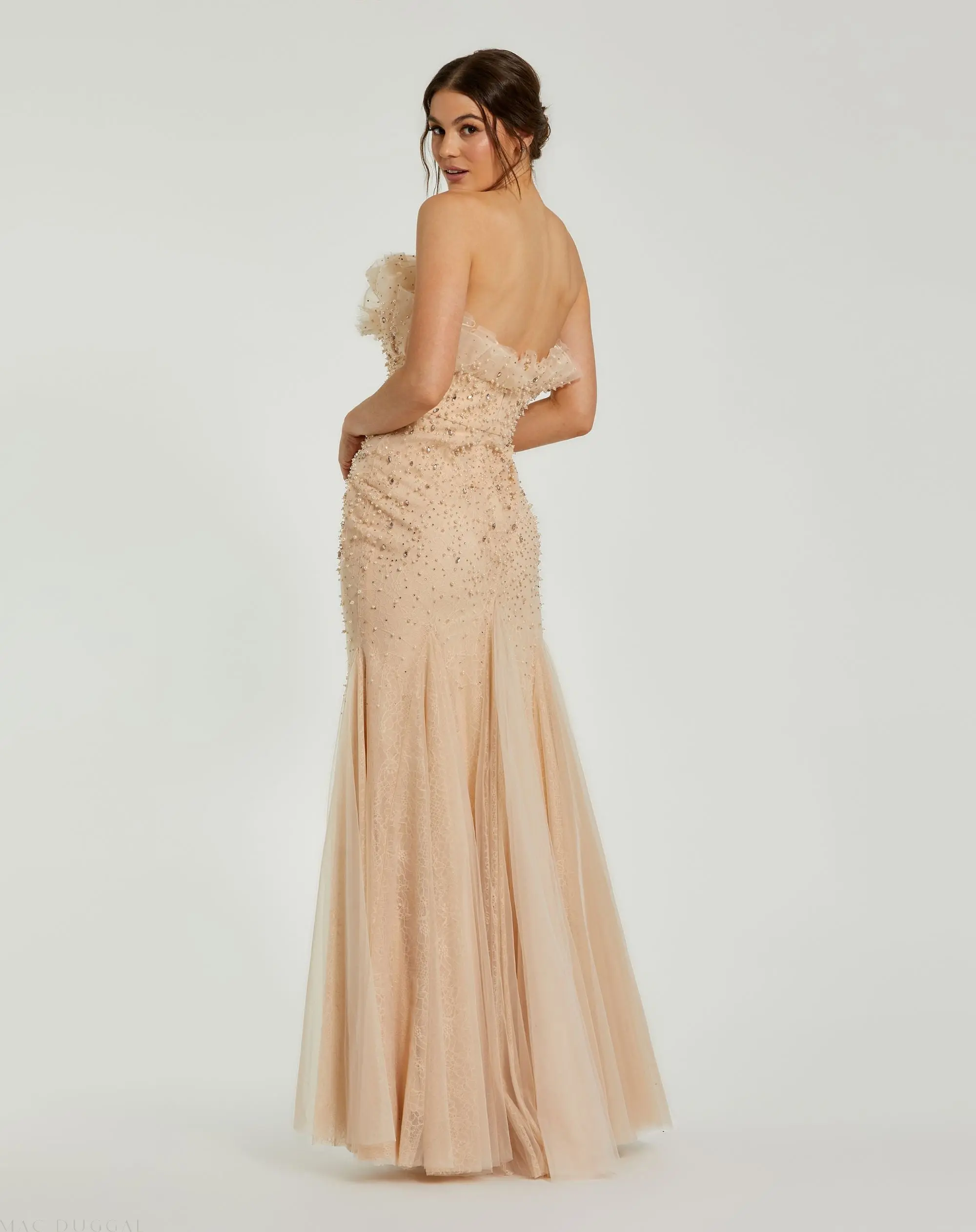 Beige Strapless Embellished Tulle Mermaid Gown - Image 3