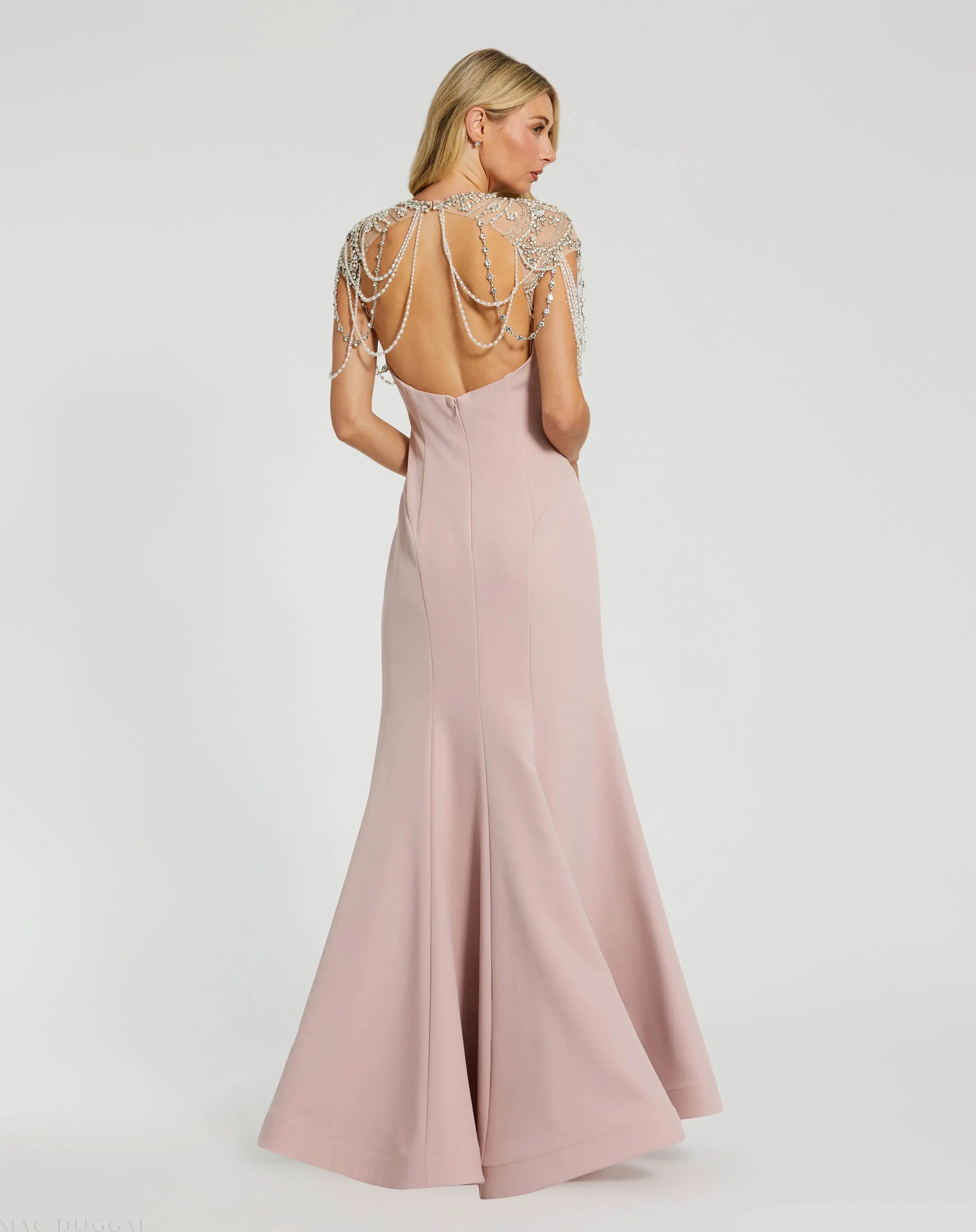 Pink Draped Pearl Beaded Mermaid Gown - Image 3